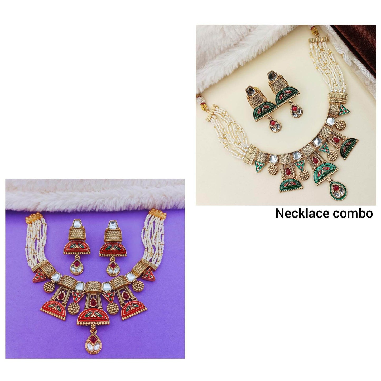COMBO Ananya Rajwadi Kundan Necklace Set | Rajasthani Indian Traditional Jewellery,Festive Wear & Wedding | Pack of 2, Ahemdabadi Hasadi Set - Nandai Jewels