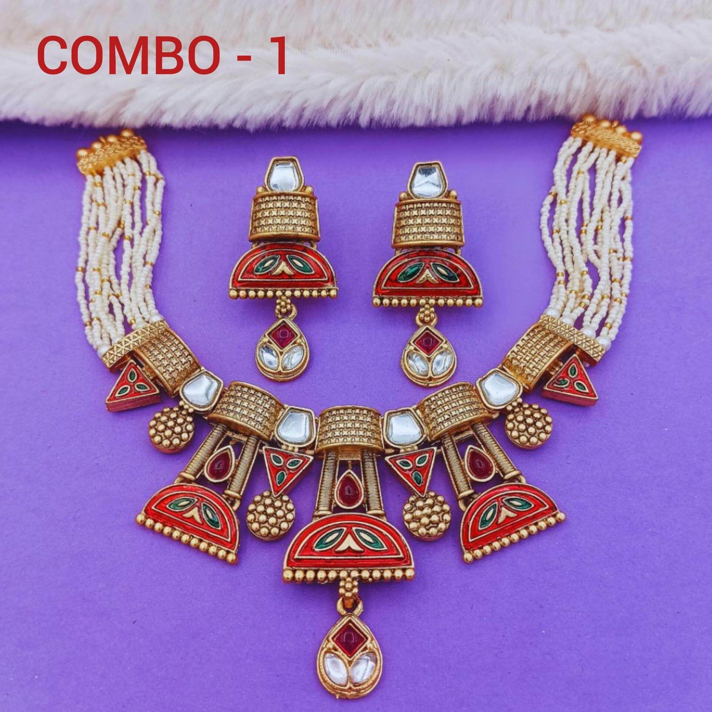 COMBO Ananya Rajwadi Kundan Necklace Set | Rajasthani Indian Traditional Jewellery,Festive Wear & Wedding | Pack of 2, Ahemdabadi Hasadi Set - Nandai Jewels
