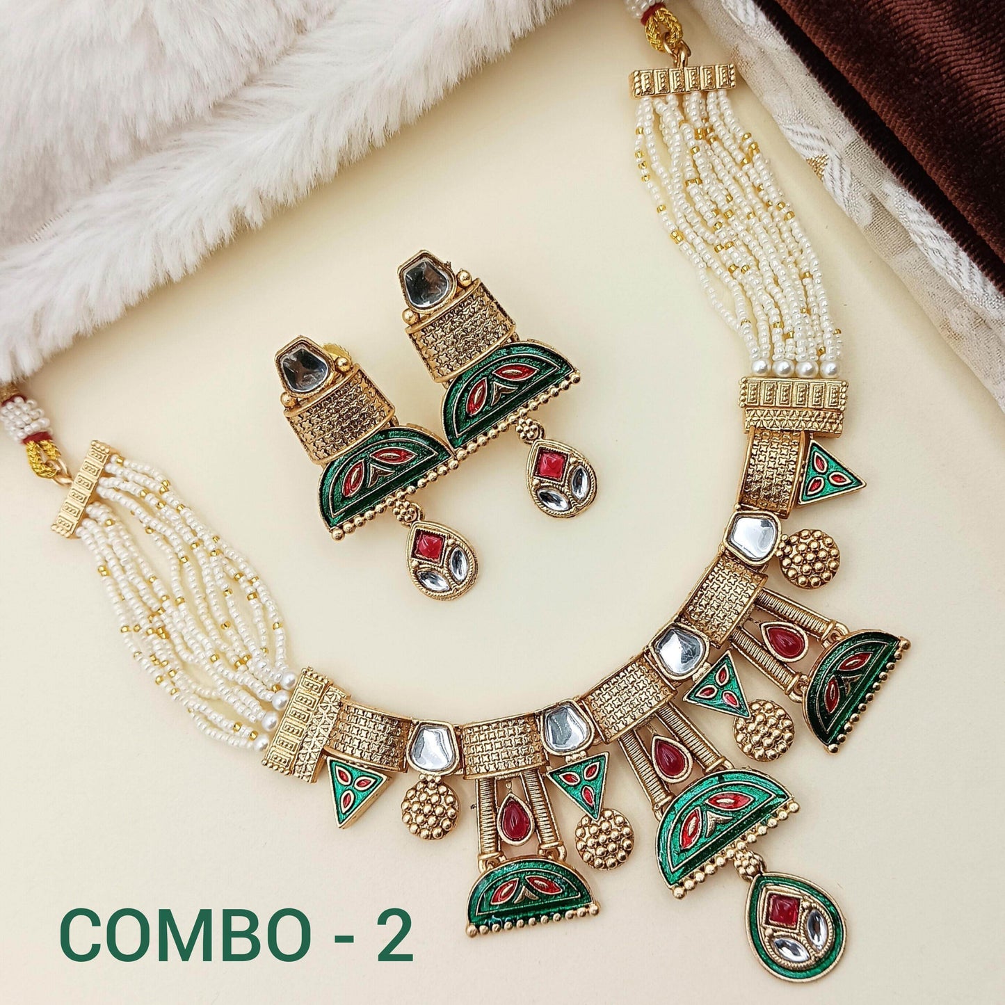COMBO Ananya Rajwadi Kundan Necklace Set | Rajasthani Indian Traditional Jewellery,Festive Wear & Wedding | Pack of 2, Ahemdabadi Hasadi Set - Nandai Jewels