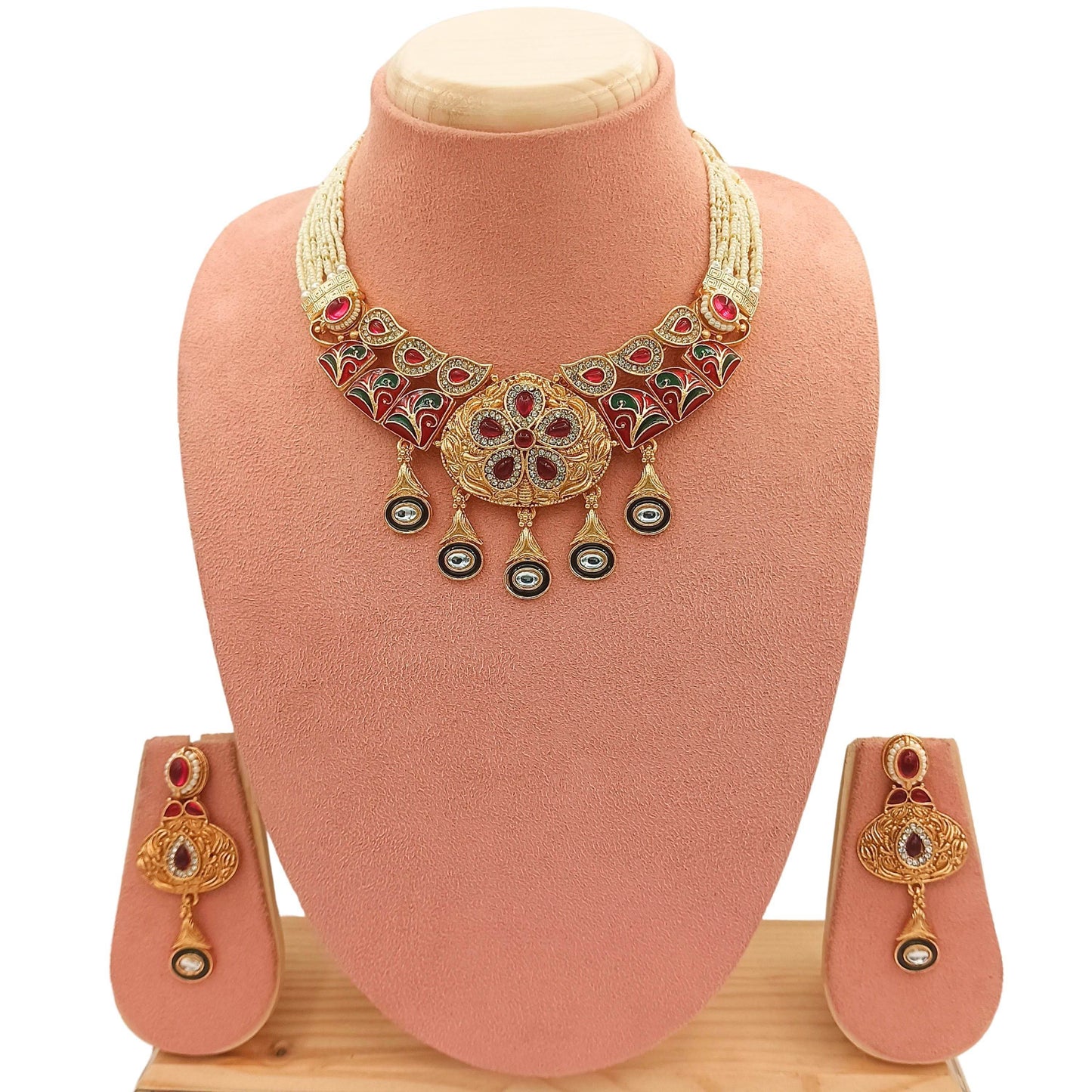 Royal Rajwadi Necklace/Earrings, Rajputi Bridal Necklace, Kundan stones, Rajasthani Pearl Detailing, Indian Traditional Jewellery Set - Nandai Jewels