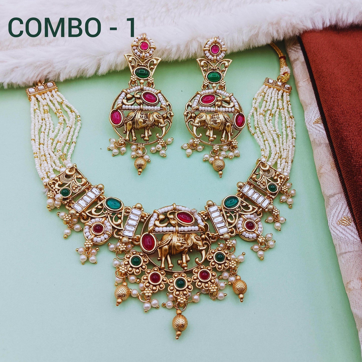 COMBO Rajputi Elephant Design Necklace With Earrings - Rajwadi Necklace Set, Wedding Gift for Her, Indian Traditional Jewellery for Brides. - Nandai Jewels