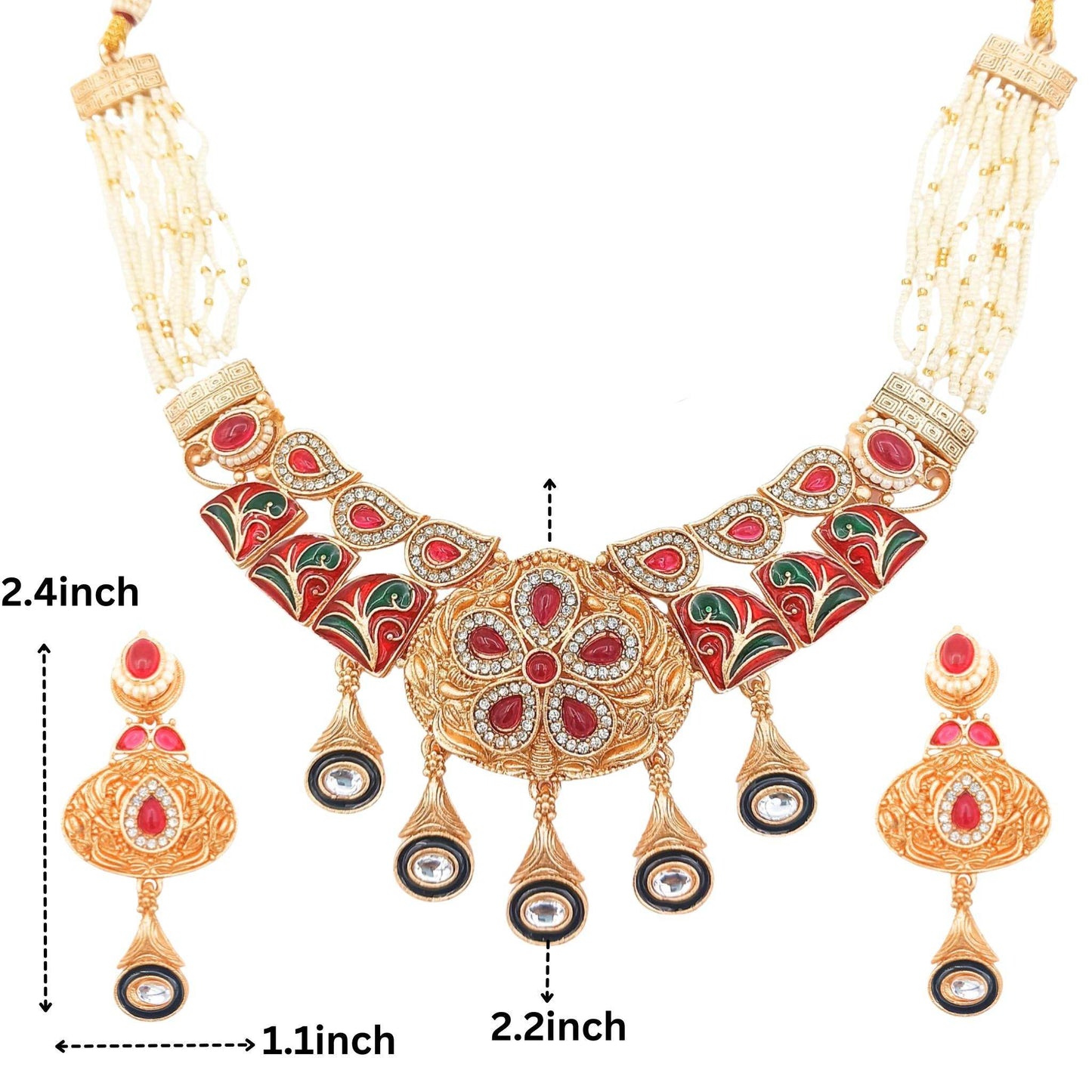 Royal Rajwadi Necklace/Earrings, Rajputi Bridal Necklace, Kundan stones, Rajasthani Pearl Detailing, Indian Traditional Jewellery Set - Nandai Jewels