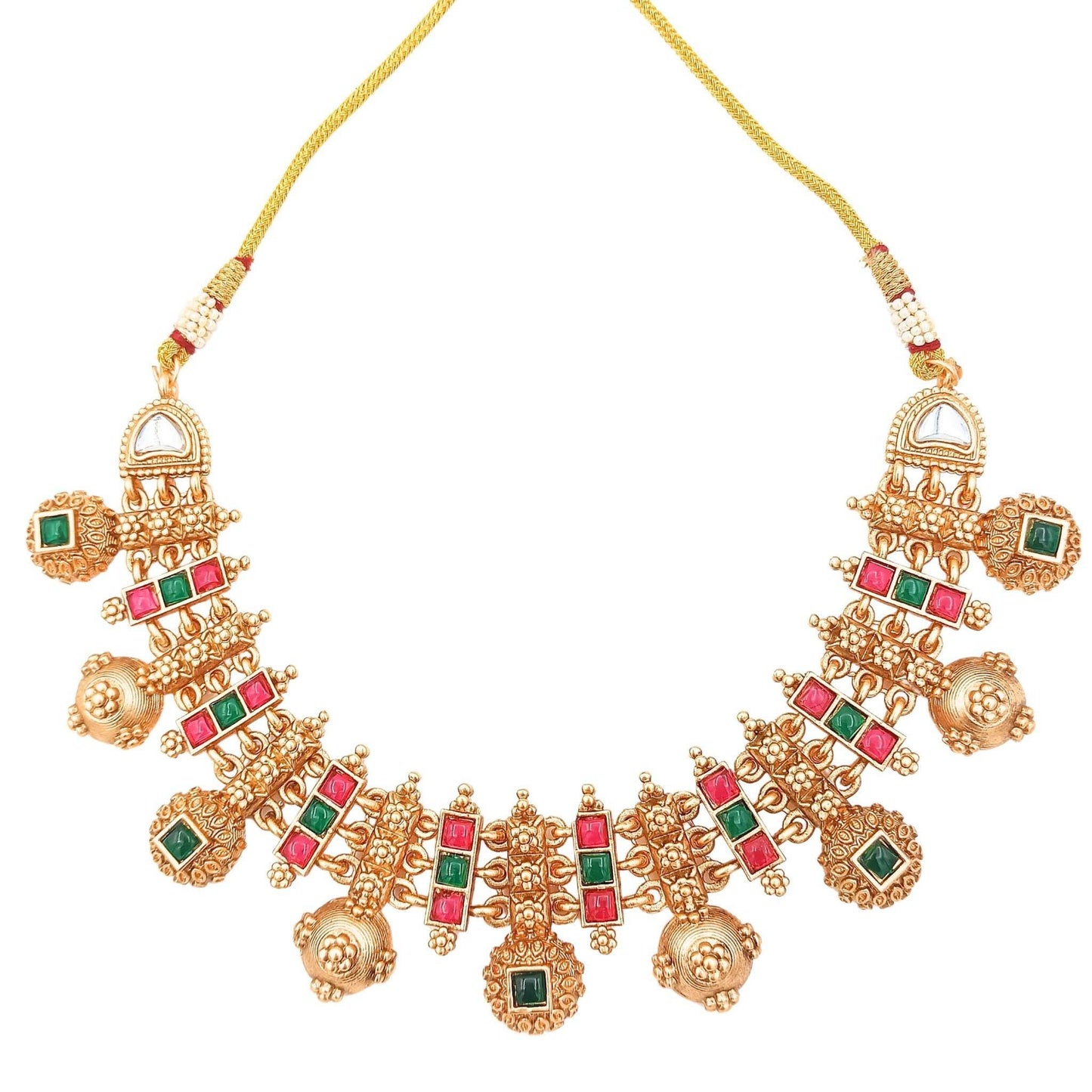 COMBO Rajwadi Hasadi Meenakari Necklace Set | Ethnic Bridal Jewelry | Antique Gold Finish | Traditional Indian Festive Set. - Nandai Jewels