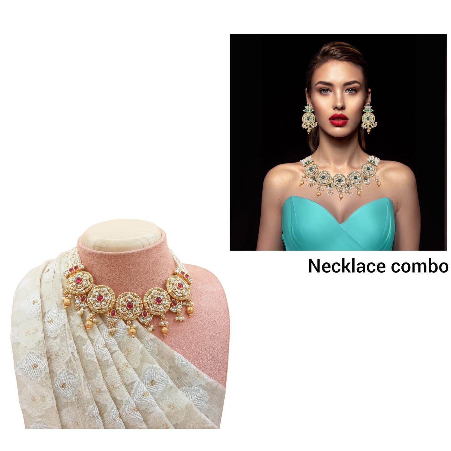 COMBO Mohini Rajwadi Necklace Set, Rajputi Choker with Earrings, Indian Traditional Jewellery, Kundan Bridal, Gift for Women, Festive Wear. - Nandai Jewels