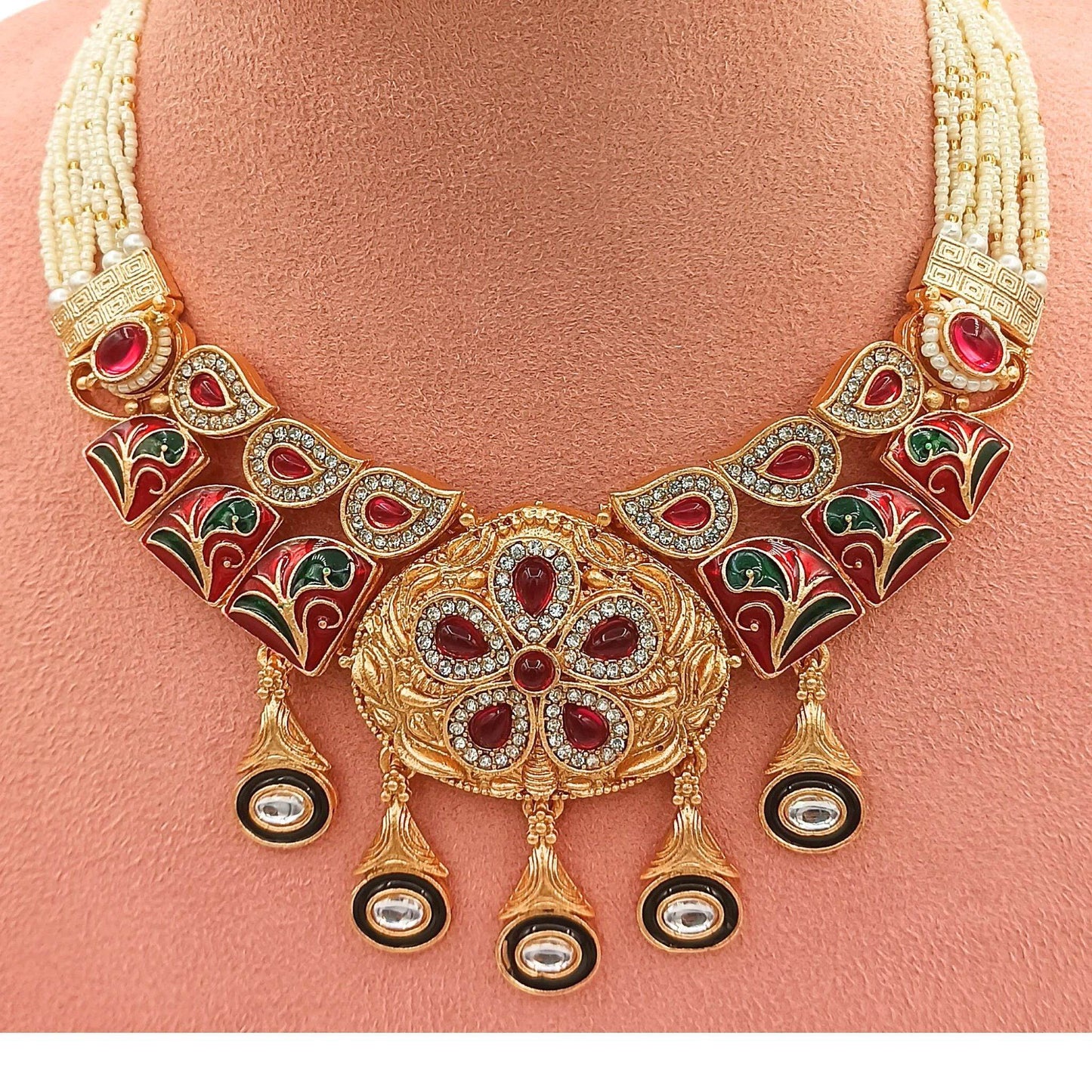 Royal Rajwadi Necklace/Earrings, Rajputi Bridal Necklace, Kundan stones, Rajasthani Pearl Detailing, Indian Traditional Jewellery Set - Nandai Jewels
