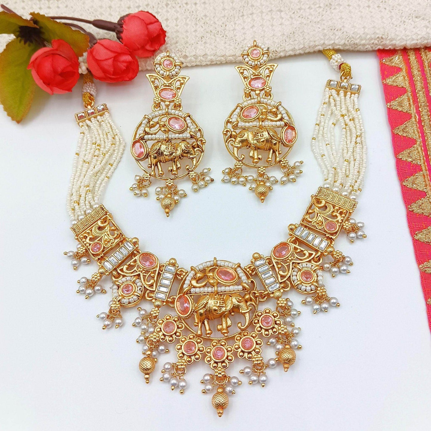 Rajputi Elephant Design Necklace Set With Earrings - Nandai Jewels