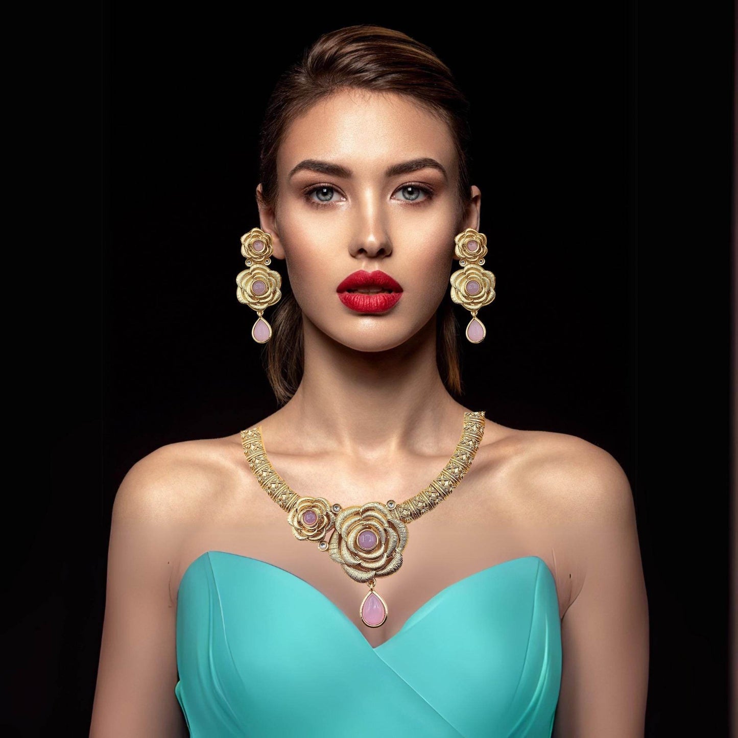 COMBO Flower Rajwadi Hasadi Necklace Set, Unique Rose Teardrop design, Pack of 3, Indian Traditional Jewellery, Gift for Her, Festive Wear. - Nandai Jewels