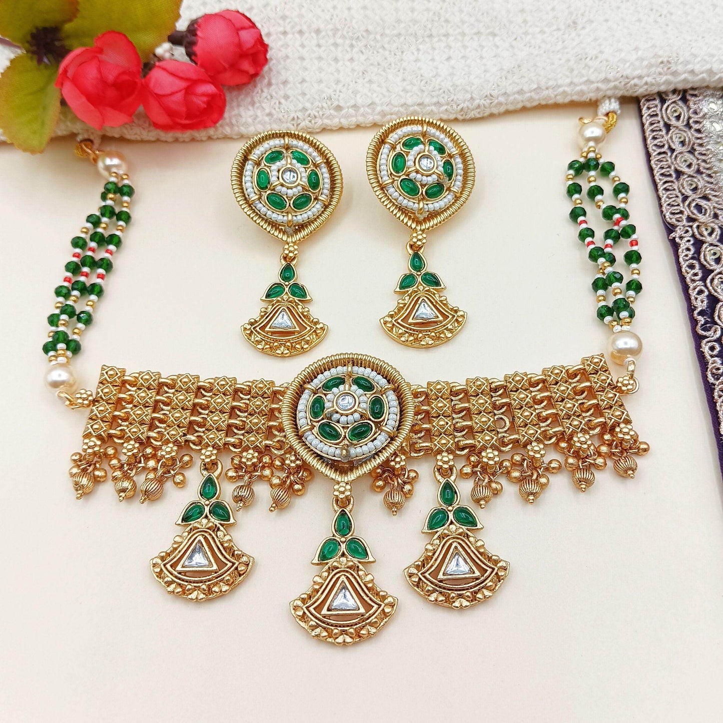 Rajwadi choker set, rajputi jewellery, indian traditional jewellery, kundan design, meenakari work, gift for women - Nandai Jewels