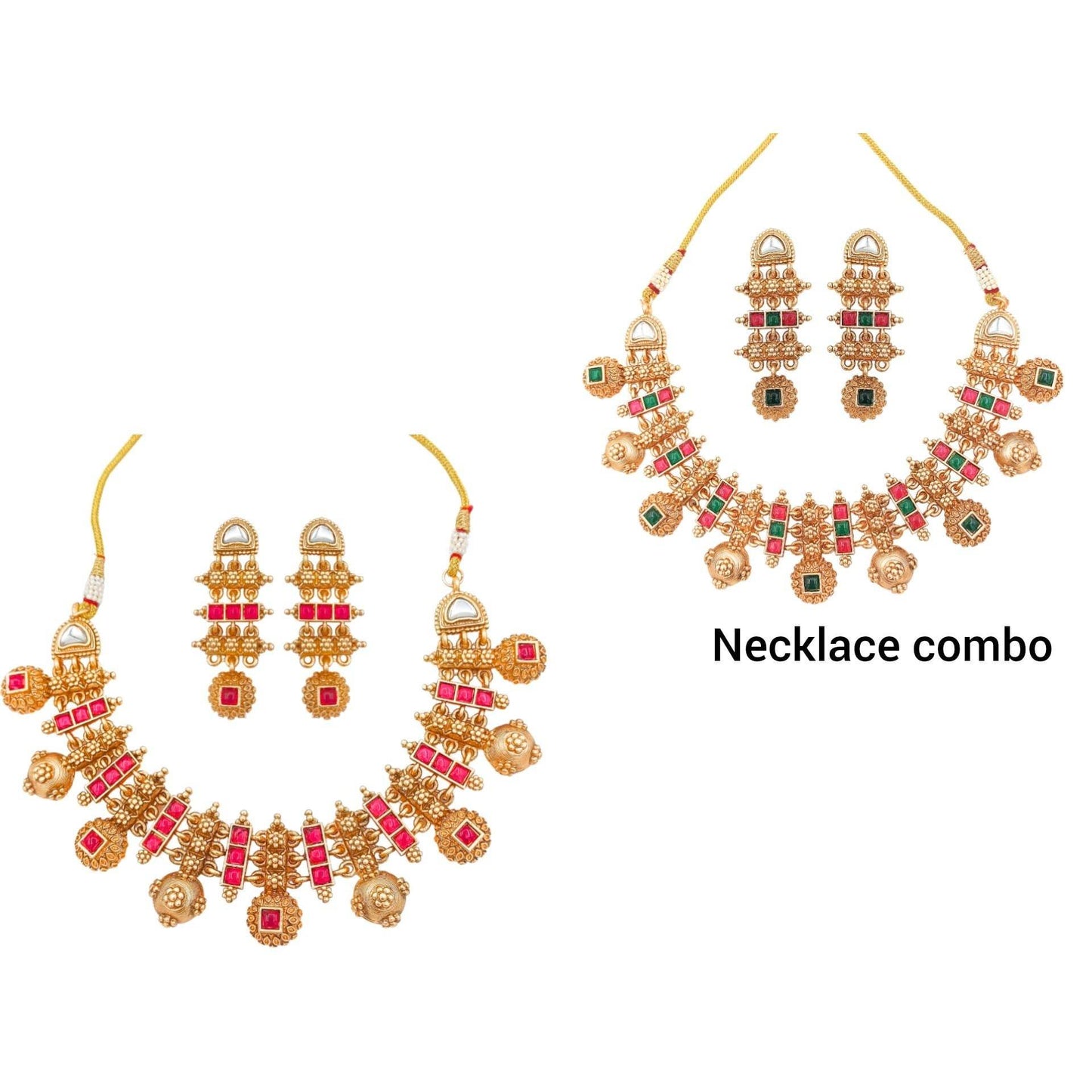 COMBO Rajwadi Hasadi Meenakari Necklace Set | Ethnic Bridal Jewelry | Antique Gold Finish | Traditional Indian Festive Set. - Nandai Jewels