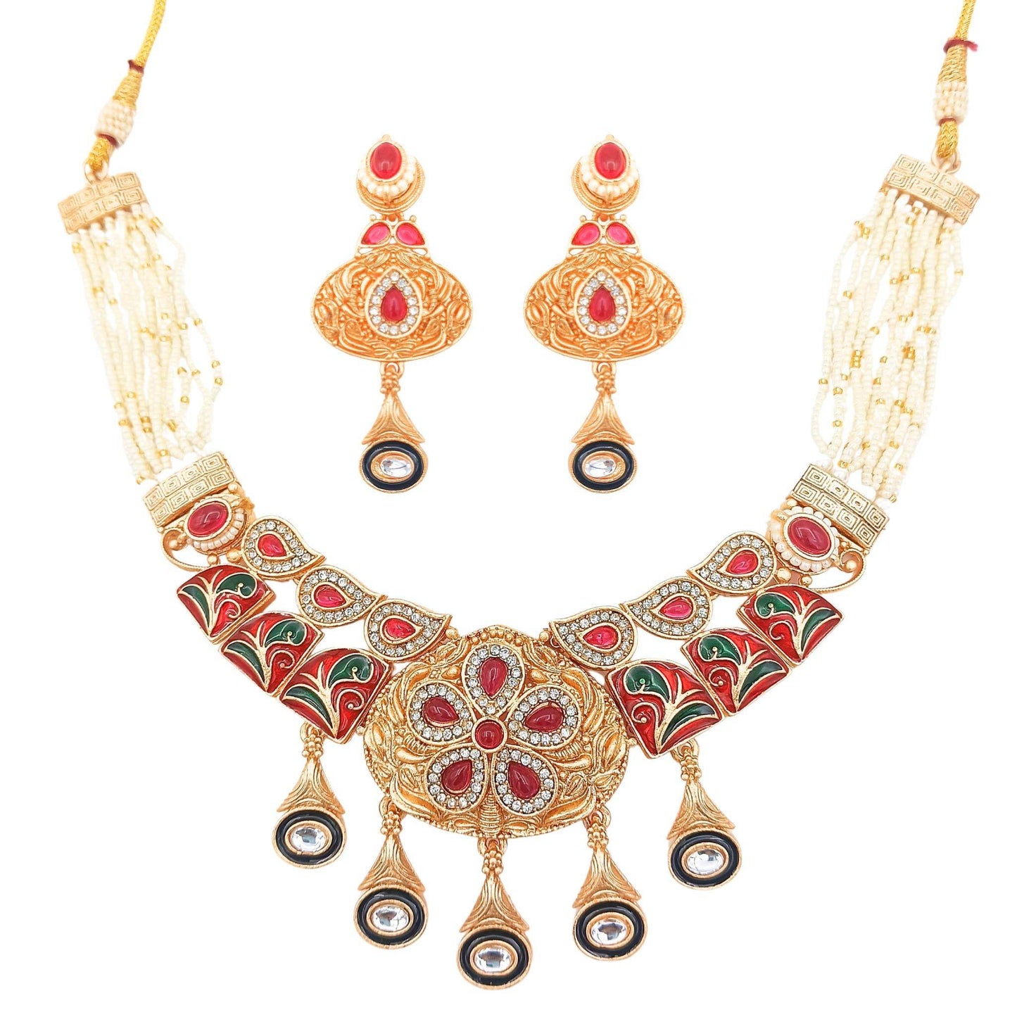 Royal Rajwadi Necklace/Earrings, Rajputi Bridal Necklace, Kundan stones, Rajasthani Pearl Detailing, Indian Traditional Jewellery Set - Nandai Jewels