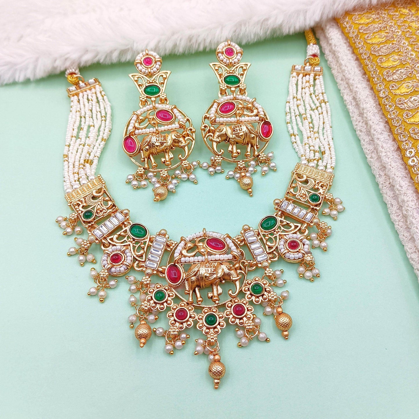 Rajputi Elephant Design Necklace Set With Earrings - Rajwadi Necklace Set, Wedding Gift for Her, Indian Traditional Jewellery for Brides. - Nandai Jewels
