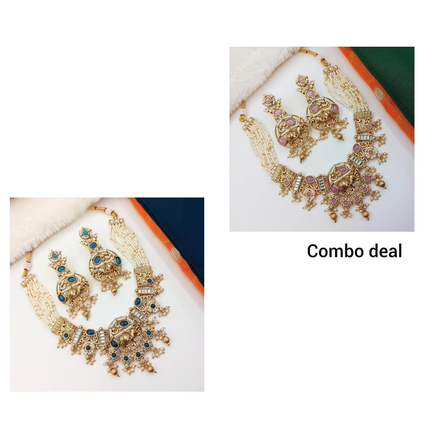 COMBO Rajputi Elephant Design Necklace With Earrings - Rajwadi Necklace Set, Pack of 2, Wedding Gift for Her, Indian Traditional Jewellery. - Nandai Jewels
