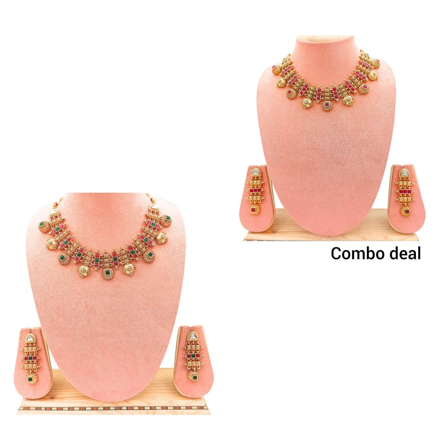 COMBO Rajwadi Hasadi Meenakari Necklace Set | Ethnic Bridal Jewelry | Antique Gold Finish | Traditional Indian Festive Set. - Nandai Jewels