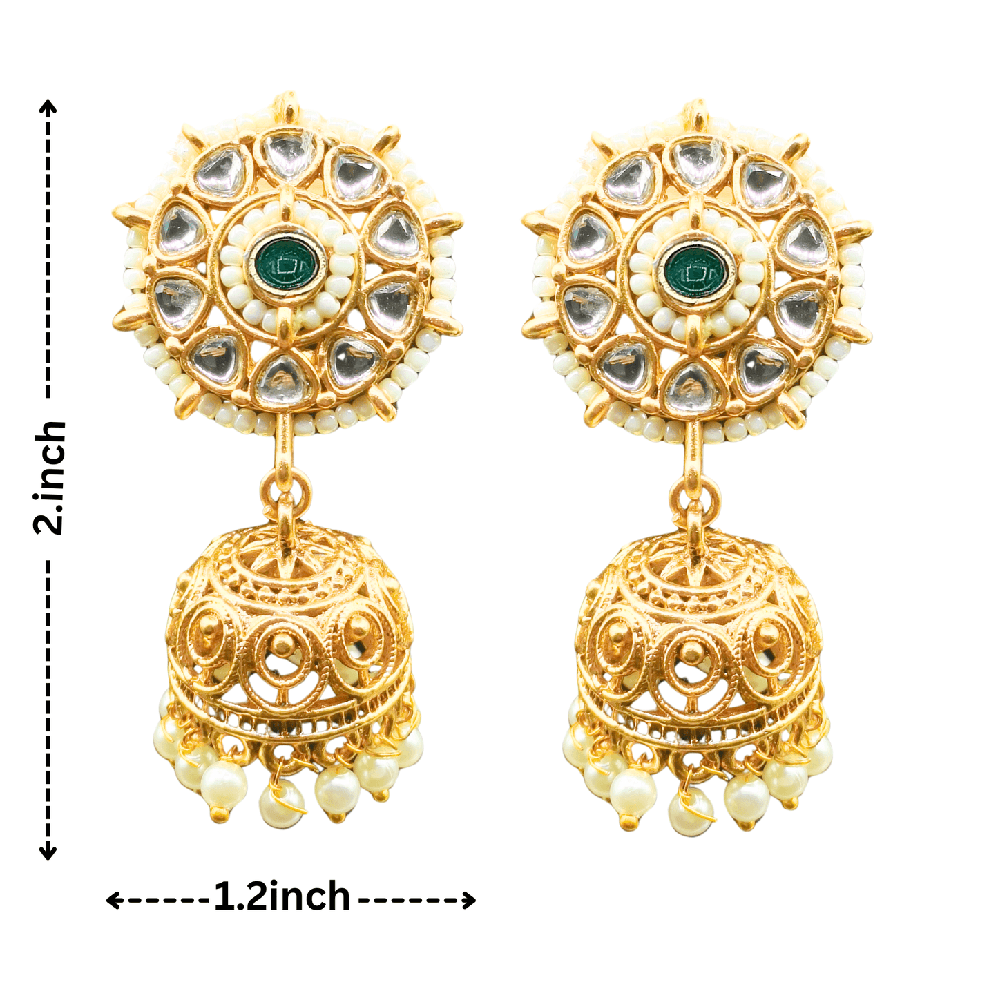 Aditi royal Indian necklace set online featuring intricate gold earrings with green center stones and pearl accents
