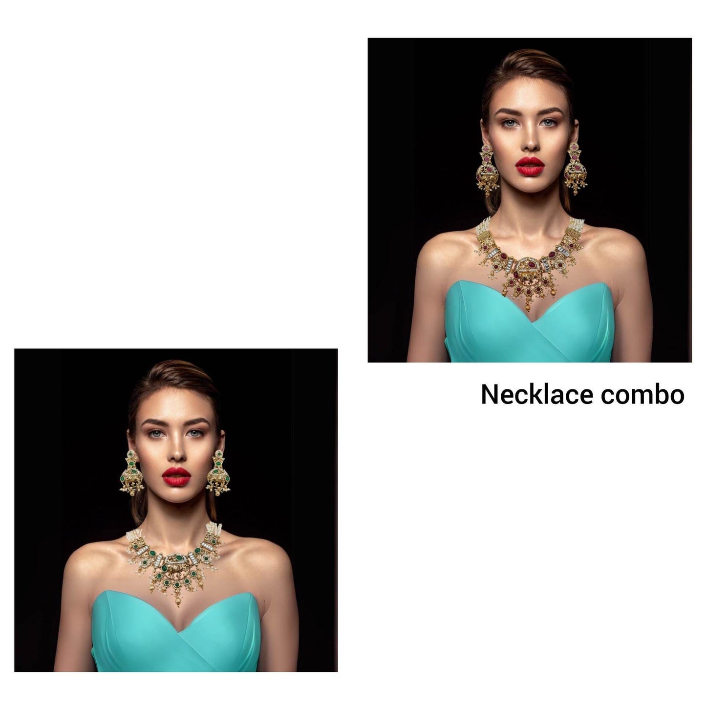 Rajputi elephant design necklace set worn by woman in turquoise dress featuring matching earrings and intricate jewelry