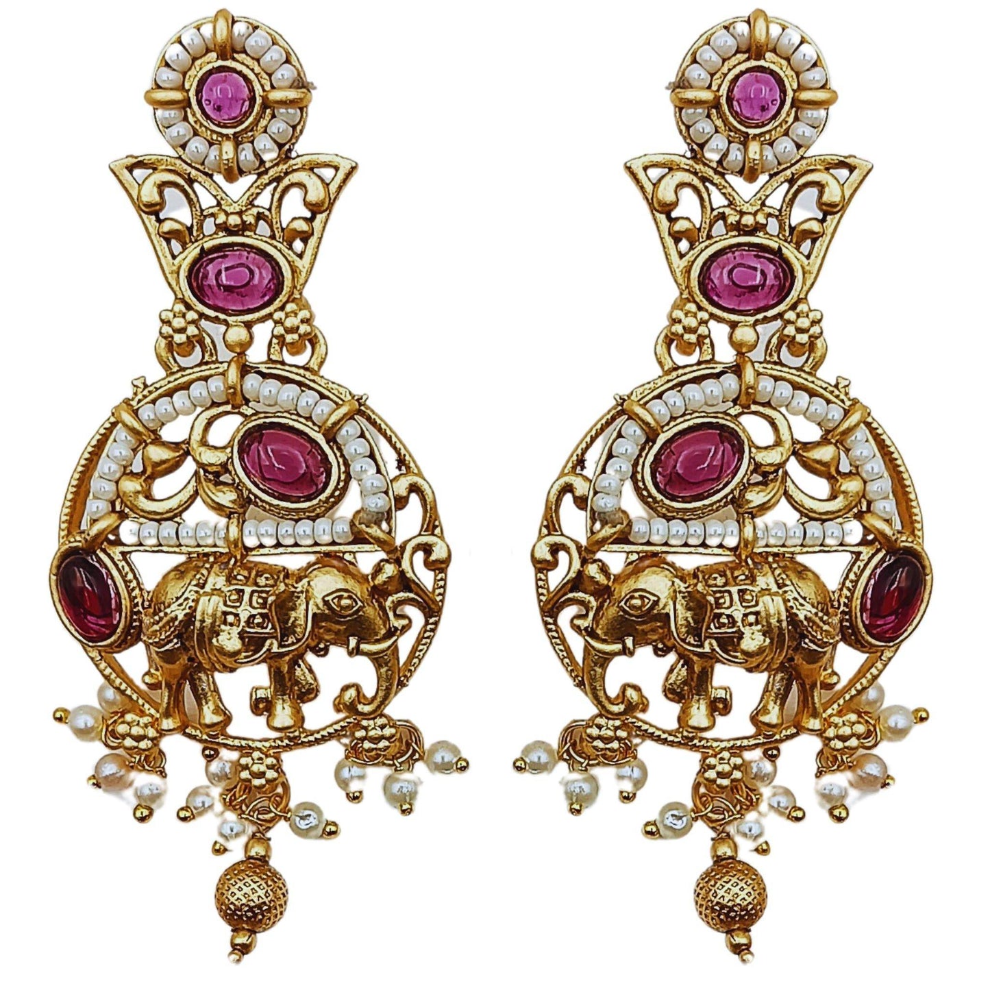 Gold and ruby Rajputi elephant design necklace set earrings with intricate detailing and pearl accents