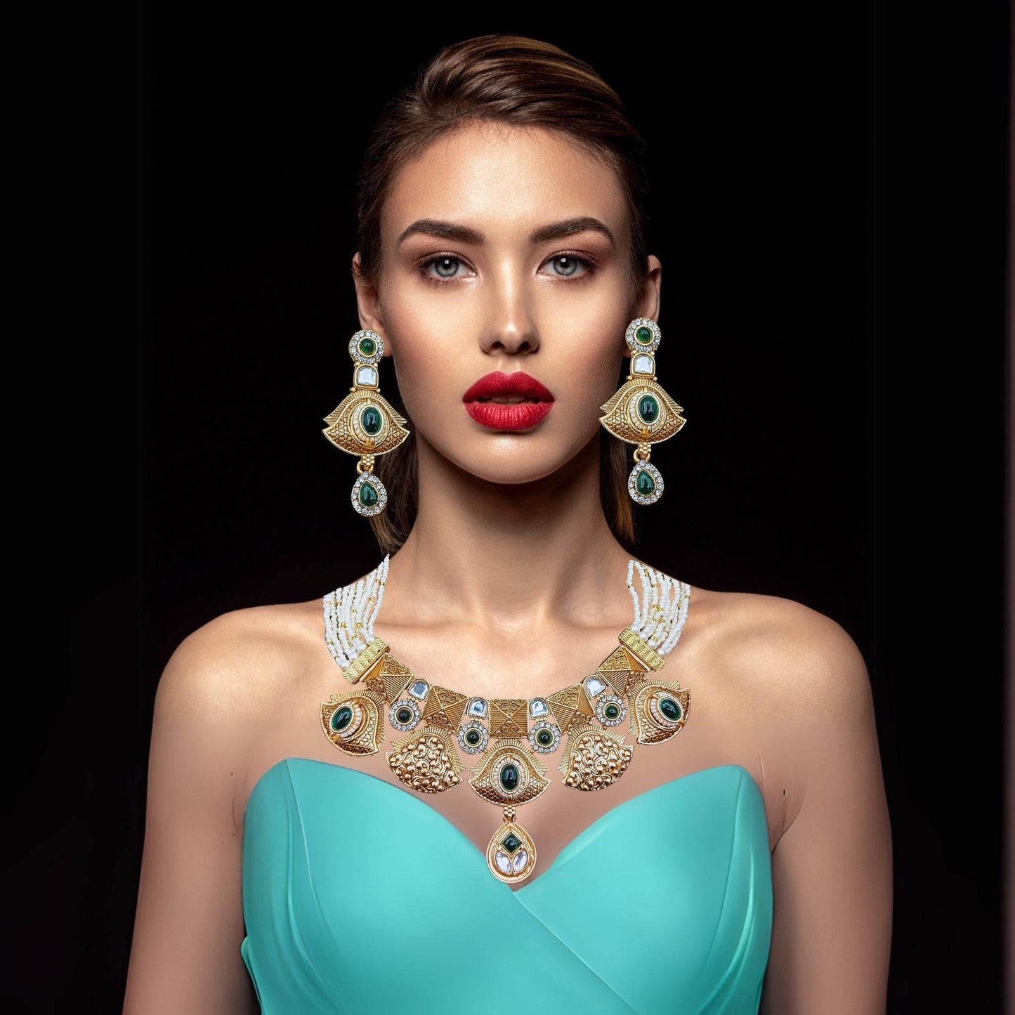 Elegant Rajwadi ethnic necklace for women worn with matching earrings and turquoise dress