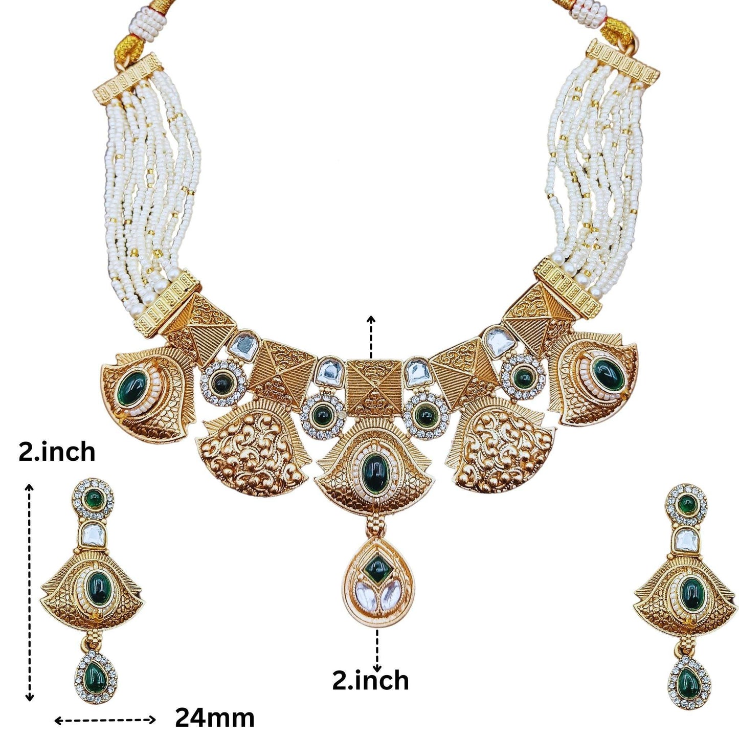 Rajwadi ethnic necklace for women with gold-tone detailing and green gemstone accents
