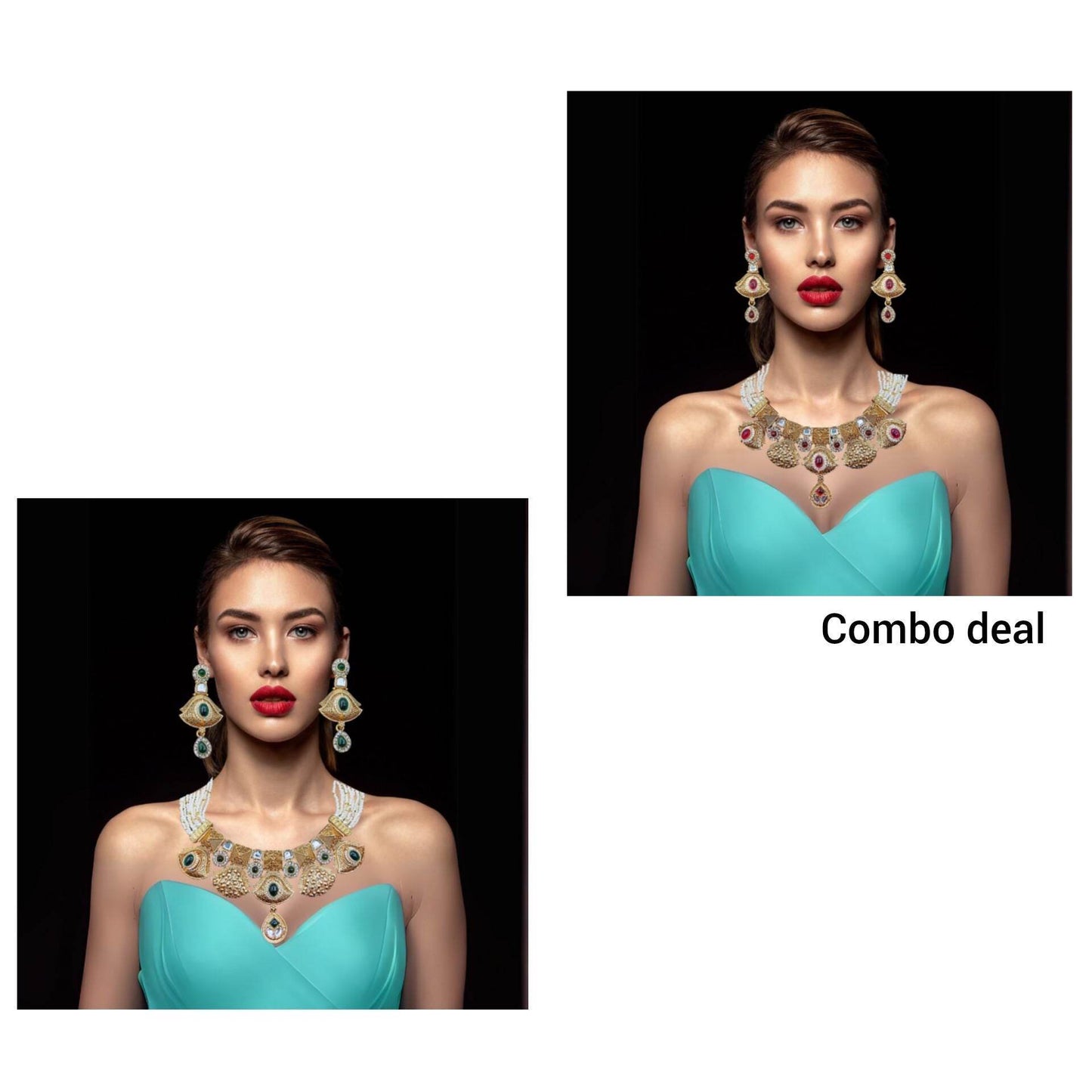 Rajwadi ethnic necklace for women with matching earrings worn by model in turquoise dress