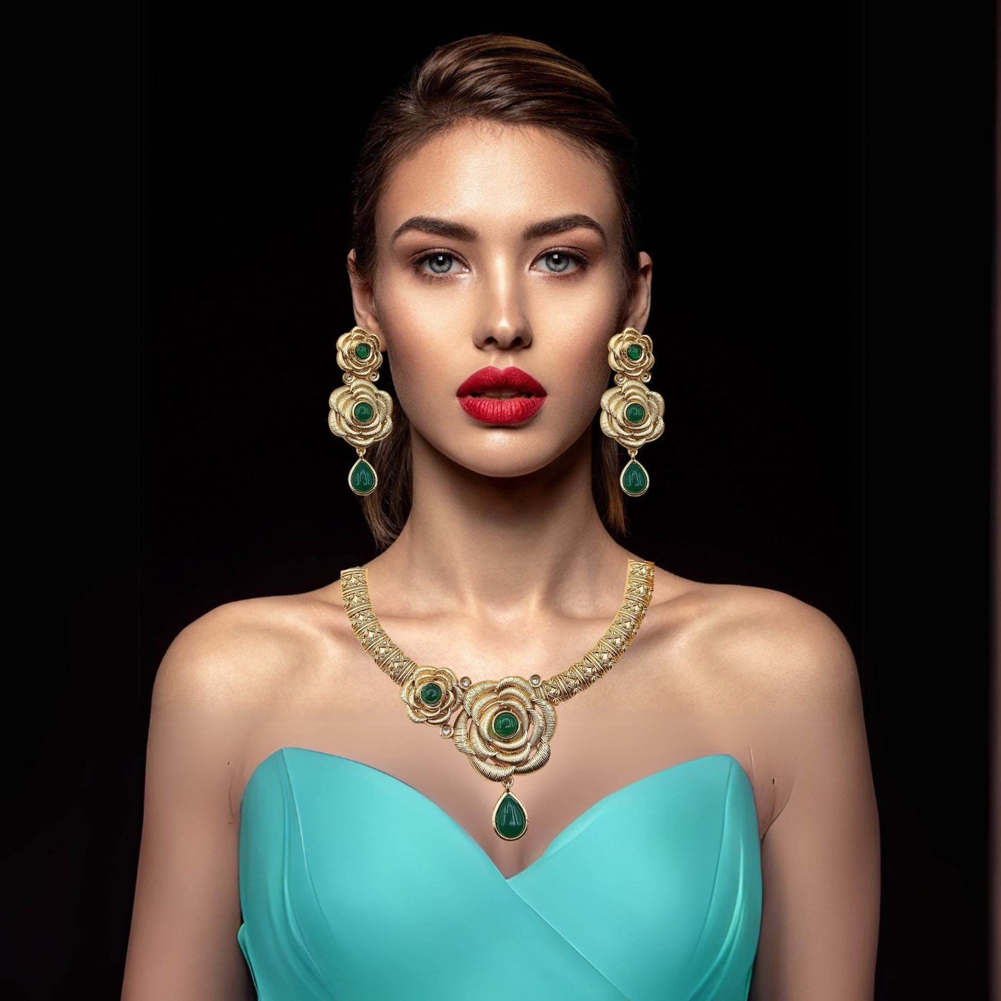 Elegant Rajwadi flower necklace set with matching earrings featuring green stones on model in turquoise dress