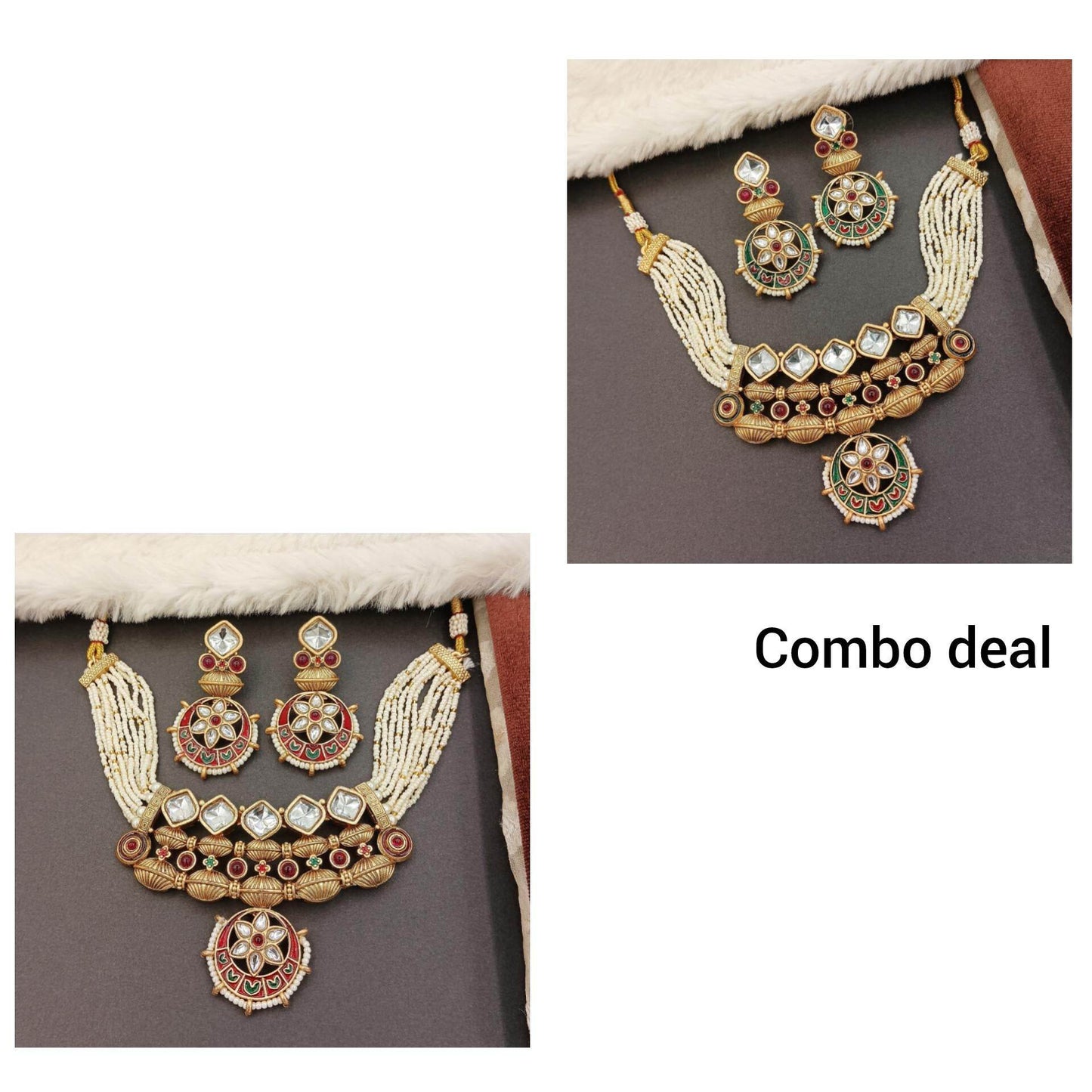 Elegant Rajwadi jewelry set for women with intricate pearl beads and traditional gold-tone design