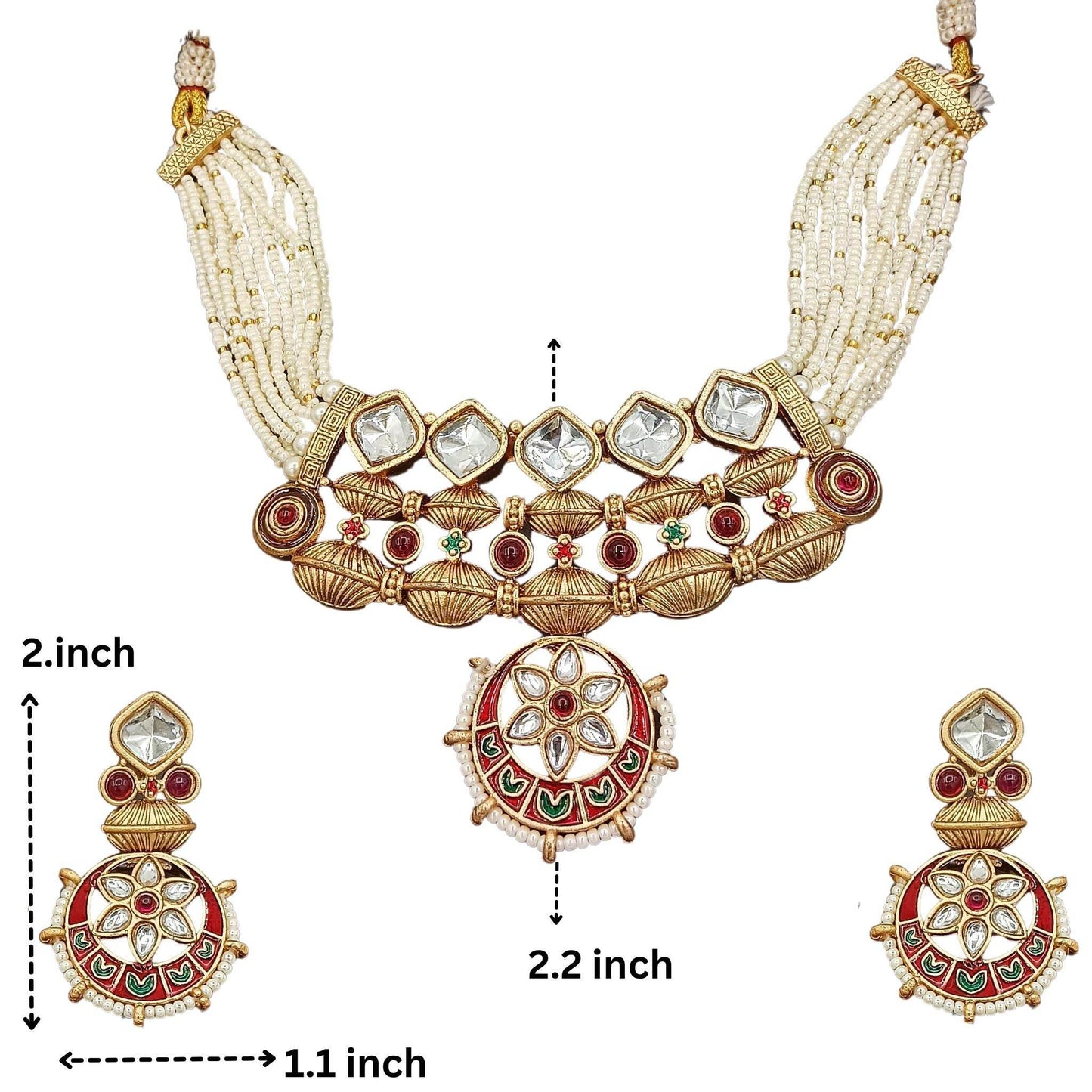 Elegant Rajwadi jewelry set for women featuring intricate white beads and multicolored stones with matching earrings