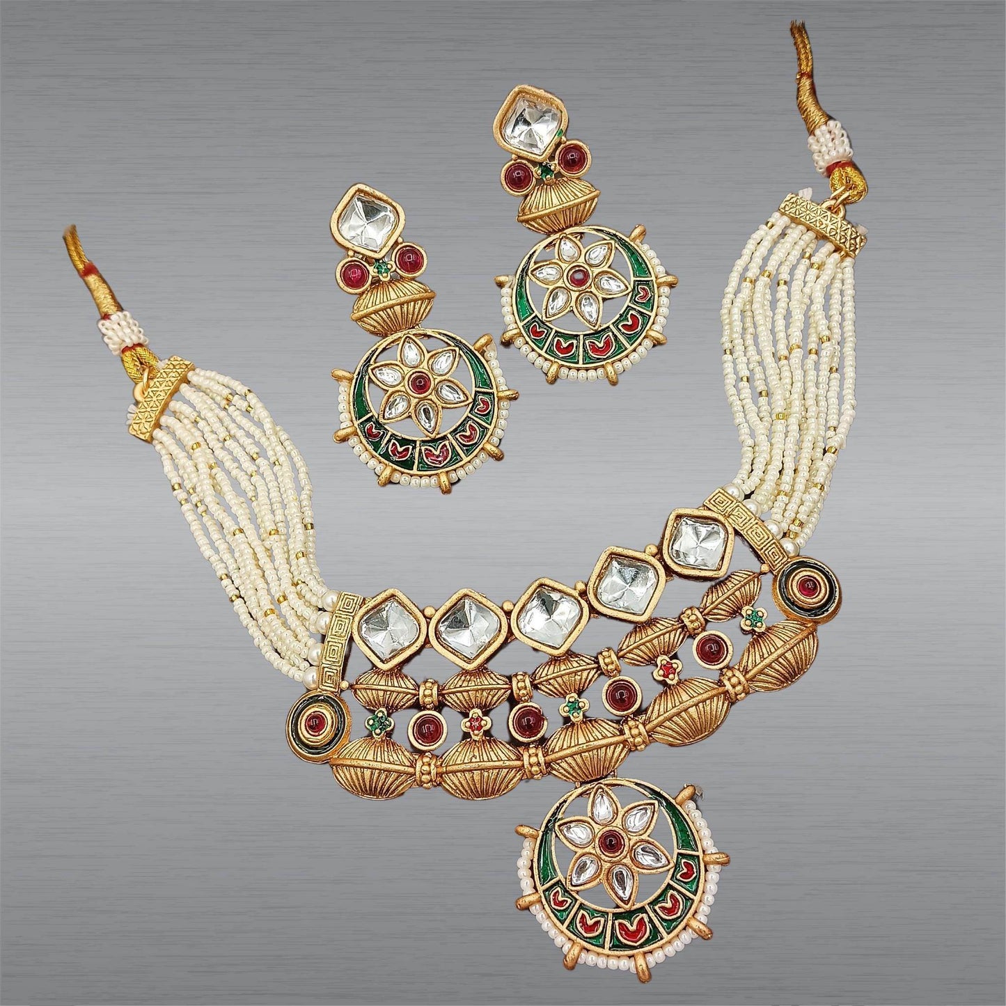 Rajwadi jewelry set for women featuring traditional gold-tone necklace with white beads and matching earrings