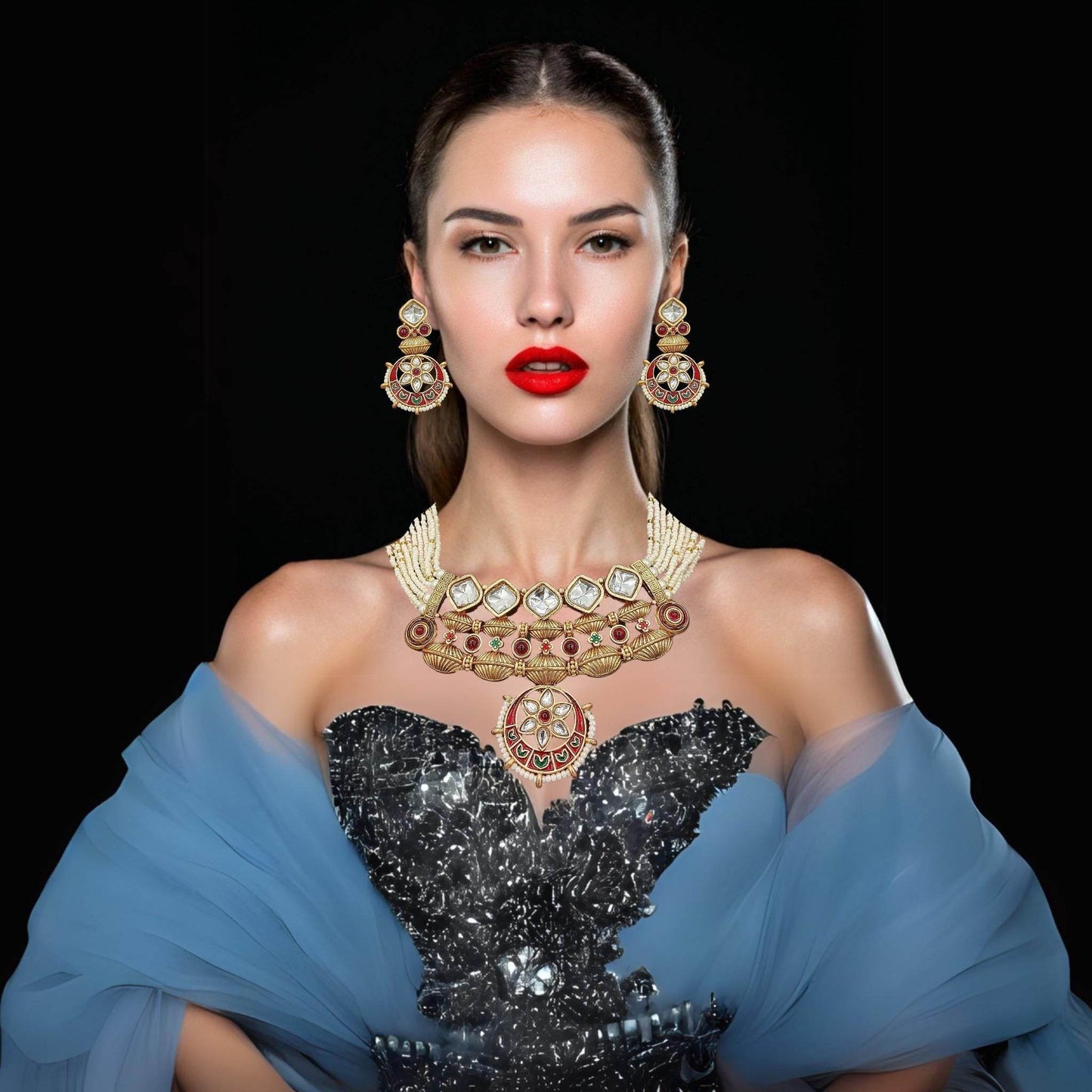 Elegant Rajwadi jewelry set for women worn by model with red lipstick and black dress