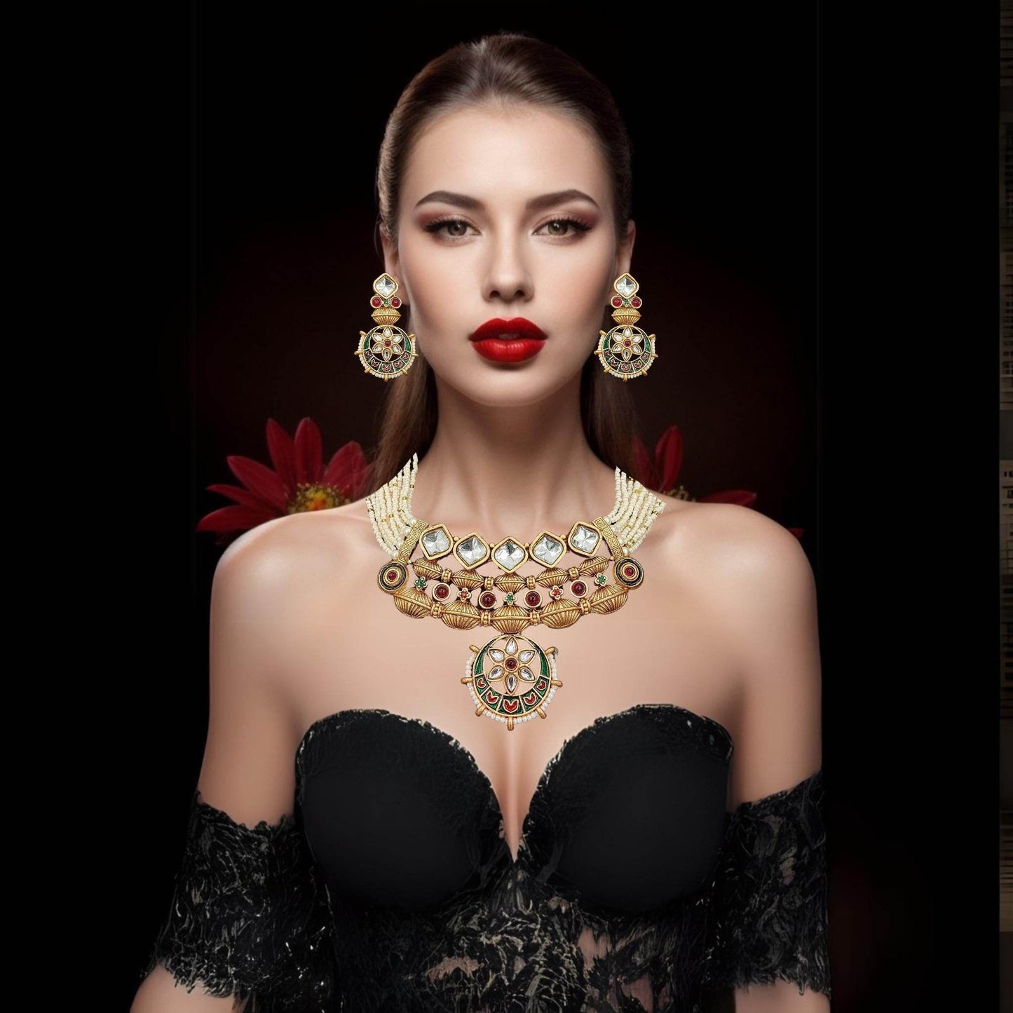 Elegant Rajwadi jewelry set for women featuring a detailed necklace and matching earrings worn with black lace dress