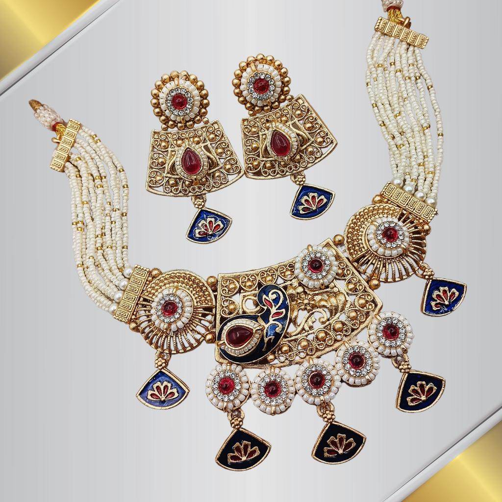 Elegant Rajwadi necklace set for women with intricate gold detailing and multicolored beads