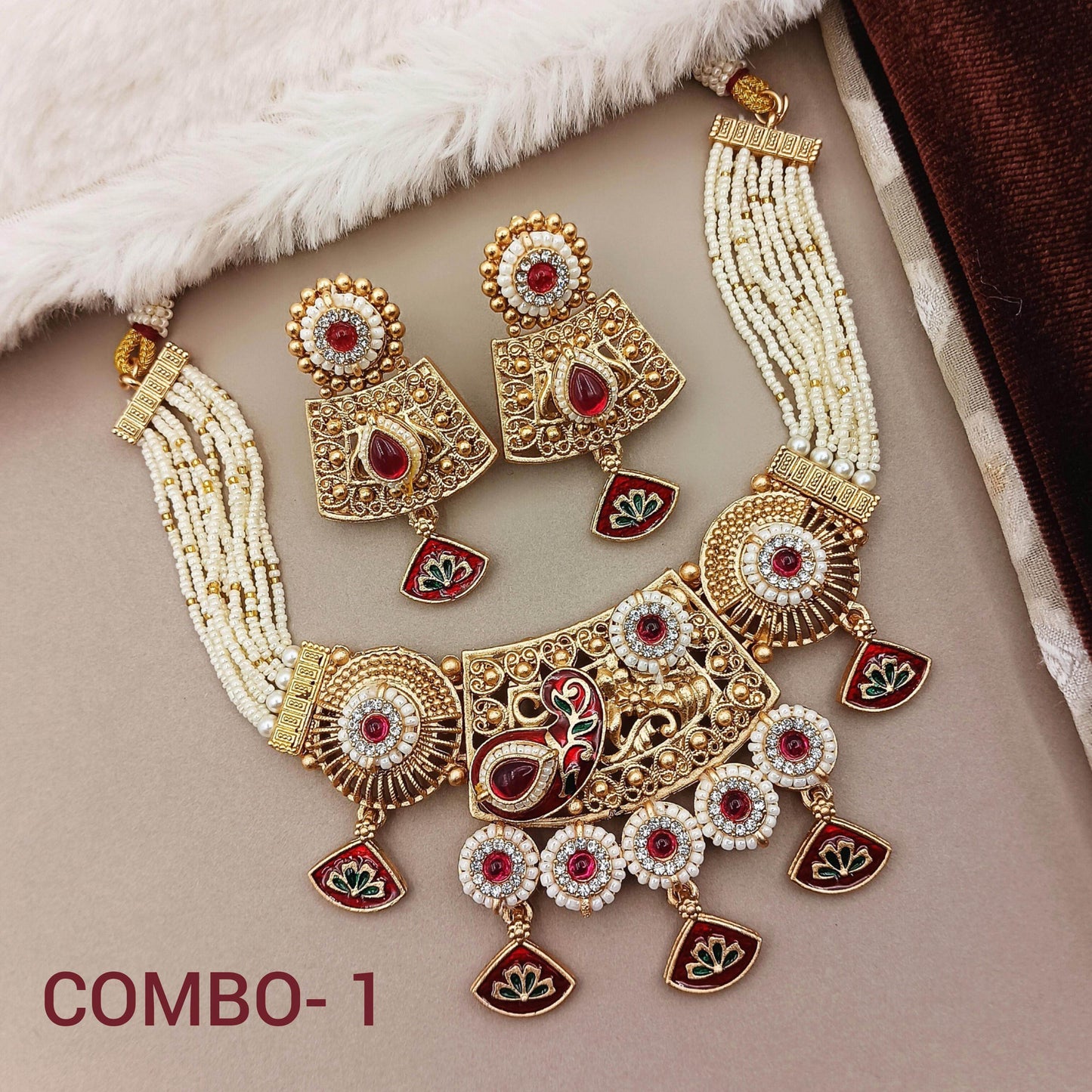 Rajwadi necklace set for women with gold-tone and pearl beads featuring intricate red and white stone designs