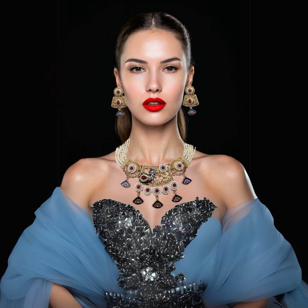 Elegant Rajwadi necklace set for women worn with matching earrings and blue shawl on model