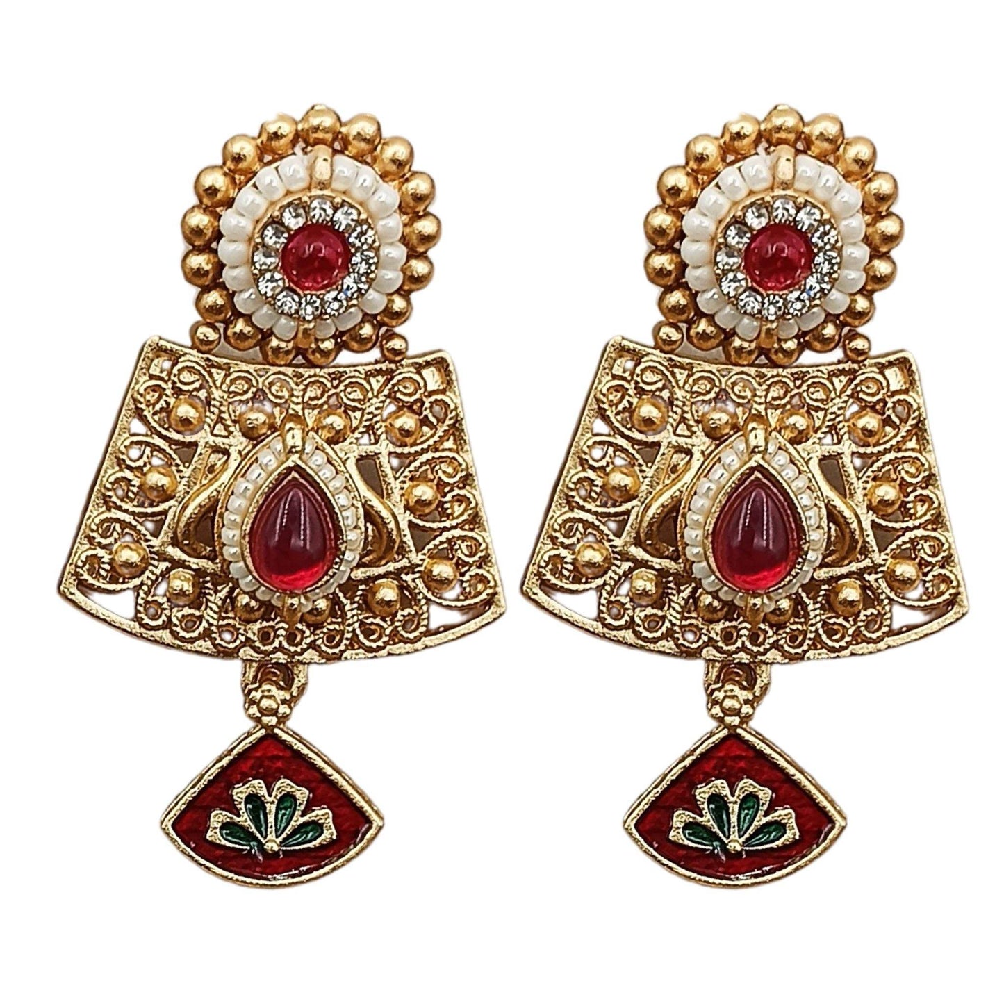 Gold and red earrings with intricate design from Rajwadi necklace set for women