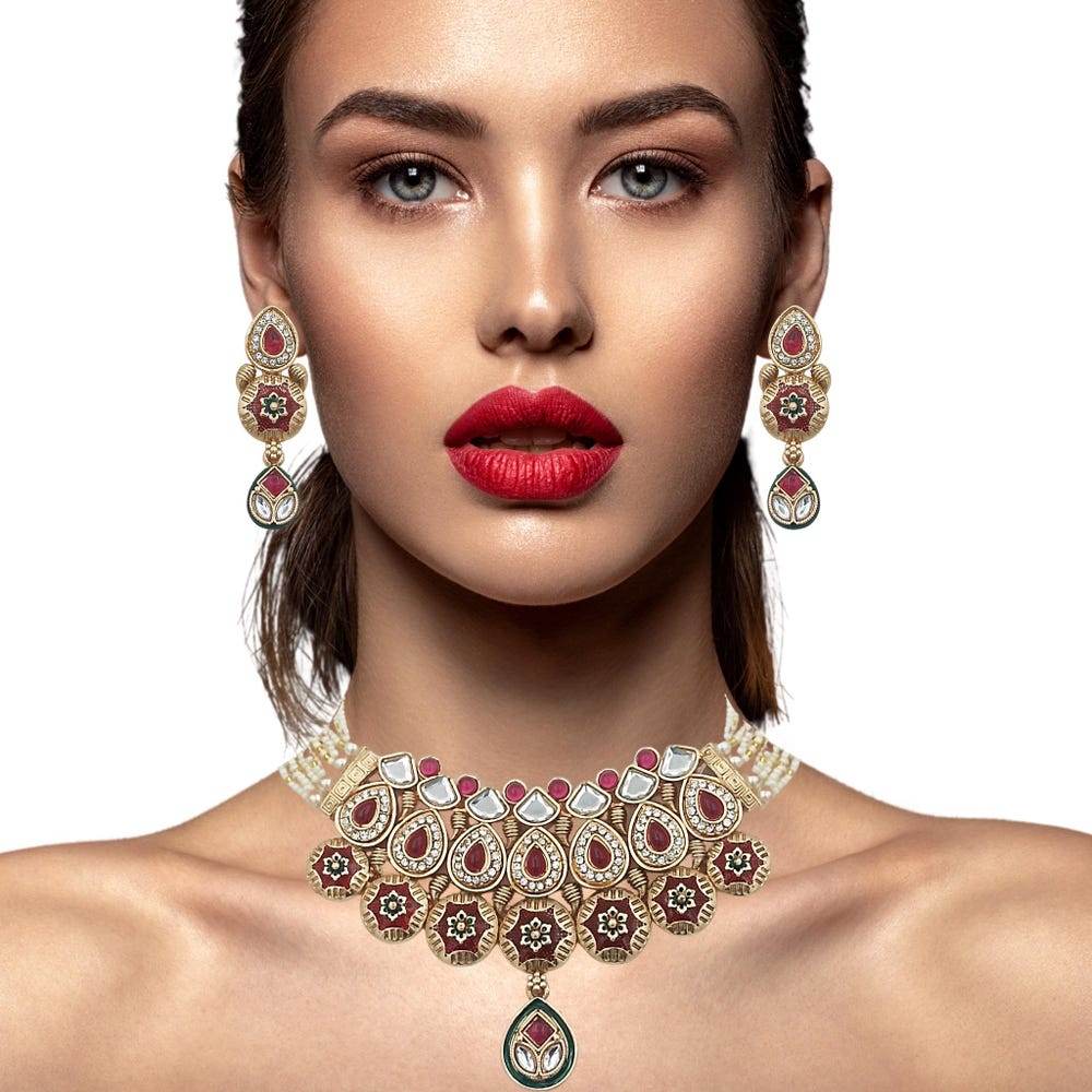 Elegant imported Indian jewelry online featuring a detailed necklace and matching earrings on a model