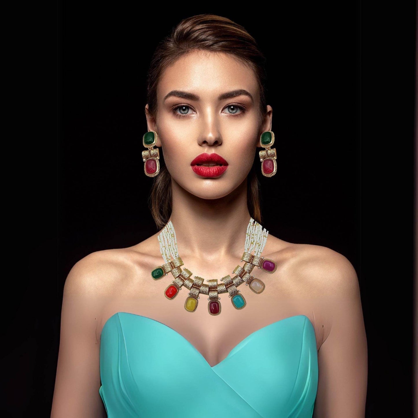 Monalisa Rajwadi Necklace Set, Multicolor Stone Jewellery, Rajputi Bridal Design, Indian Traditional Jewellery, Gift for Women. - Nandai Jewels