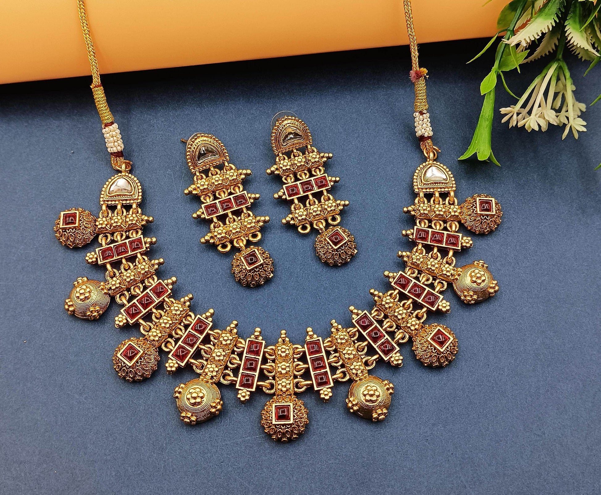 Rajwadi Hasadi Meenakari Necklace Set | Ethnic Bridal Jewelry | Antique Gold Finish | Traditional Indian Festive Set. - Nandai Jewels