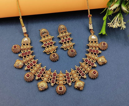 Rajwadi Hasadi Meenakari Necklace Set | Ethnic Bridal Jewelry | Antique Gold Finish | Traditional Indian Festive Set. - Nandai Jewels
