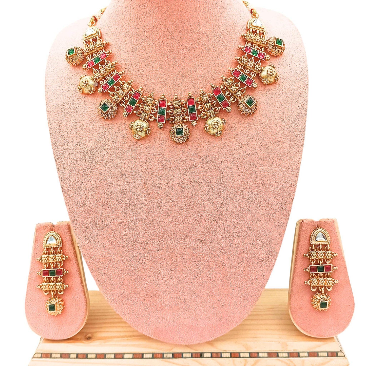 Rajwadi Hasadi Meenakari Necklace Set | Ethnic Bridal Jewelry | Antique Gold Finish | Traditional Indian Festive Set. - Nandai Jewels