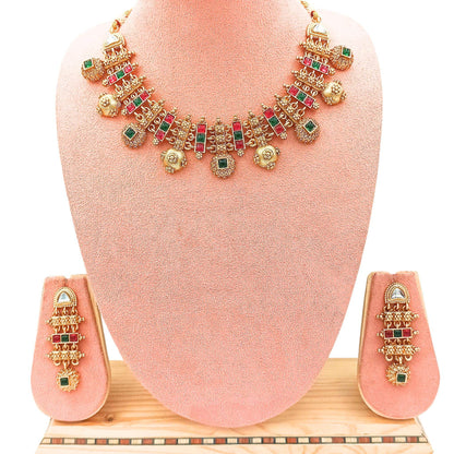 Rajwadi Hasadi Meenakari Necklace Set | Ethnic Bridal Jewelry | Antique Gold Finish | Traditional Indian Festive Set. - Nandai Jewels
