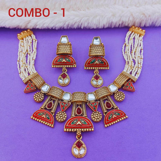 COMBO Ananya Rajwadi Kundan Necklace Set | Rajasthani Indian Traditional Jewellery,Festive Wear & Wedding | Pack of 2, Ahemdabadi Hasadi Set - Nandai Jewels