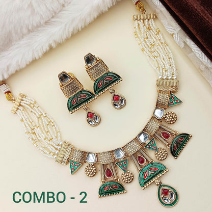 COMBO Ananya Rajwadi Kundan Necklace Set | Rajasthani Indian Traditional Jewellery,Festive Wear & Wedding | Pack of 2, Ahemdabadi Hasadi Set - Nandai Jewels