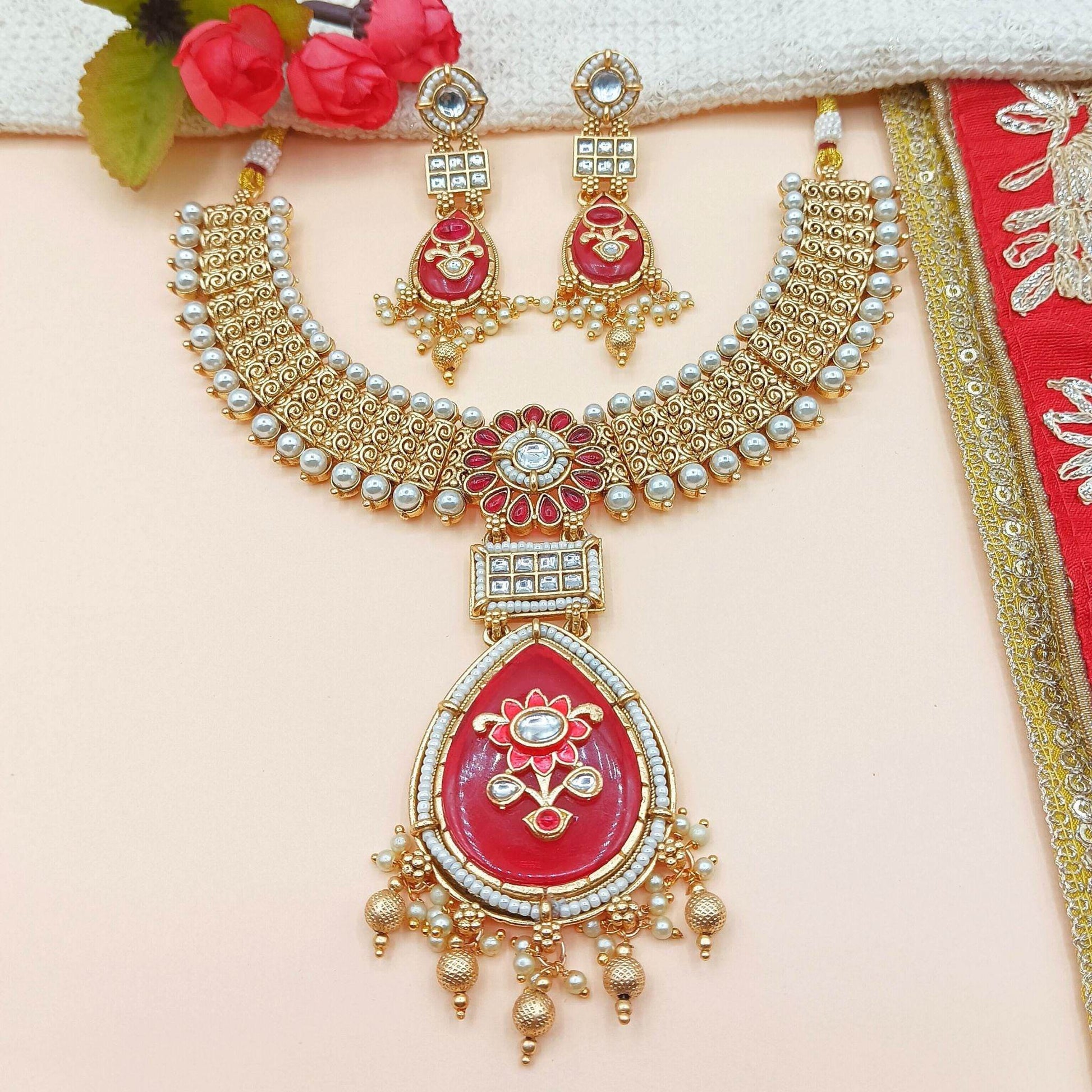 Vijayalakshmi Rajputi Necklace Set, Meena and Kundan Jewellery, Rajwadi Bridal Wear, Pearl Choker Design, Gift for Women. - Nandai Jewels
