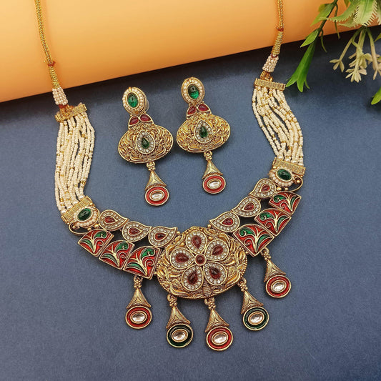 Royal Rajwadi Necklace/Earrings, Rajputi Bridal Necklace, Kundan stones, Rajasthani Pearl Detailing, Indian Traditional Jewellery Set - Nandai Jewels