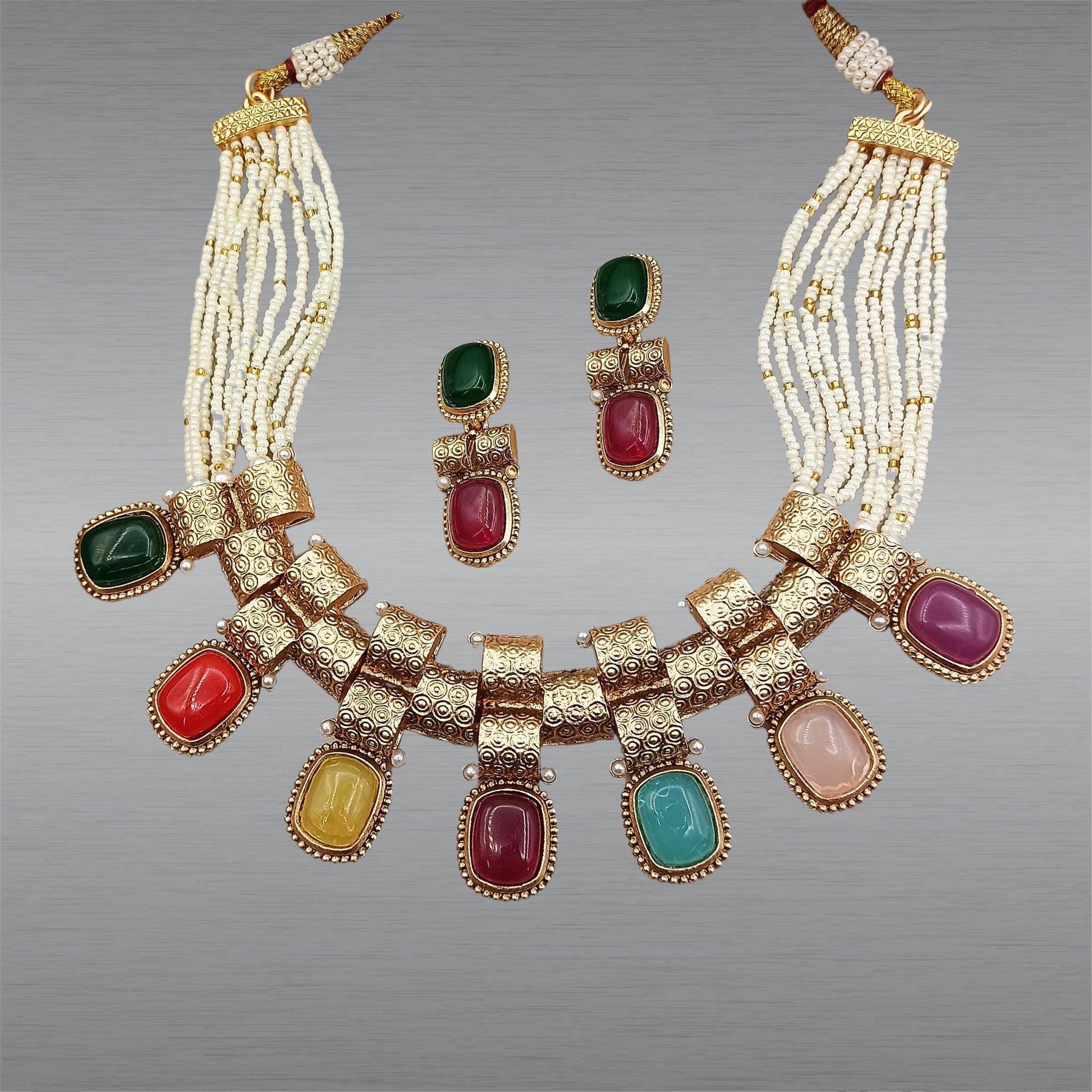 Monalisa Rajwadi Necklace Set, Multicolor Stone Jewellery, Rajputi Bridal Design, Indian Traditional Jewellery, Gift for Women. - Nandai Jewels