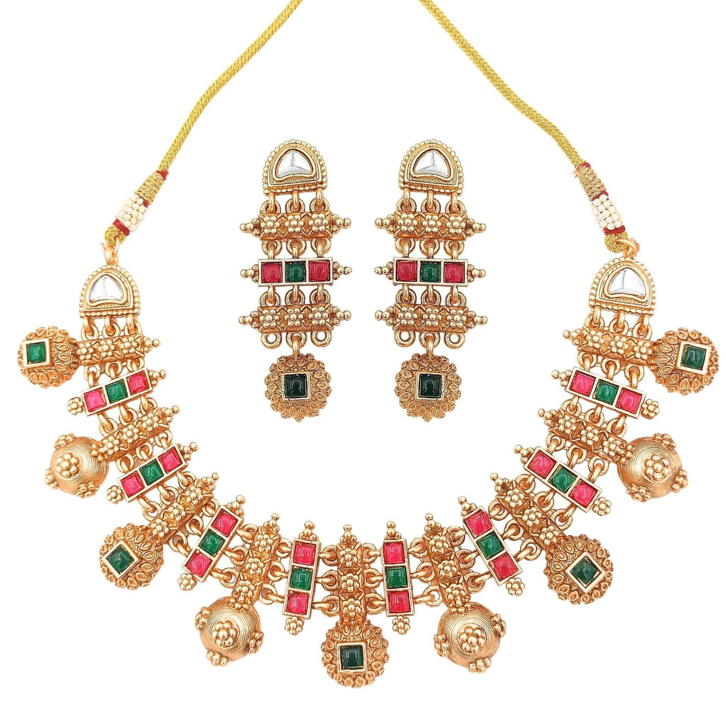 Rajwadi Hasadi Meenakari Necklace Set | Ethnic Bridal Jewelry | Antique Gold Finish | Traditional Indian Festive Set. - Nandai Jewels