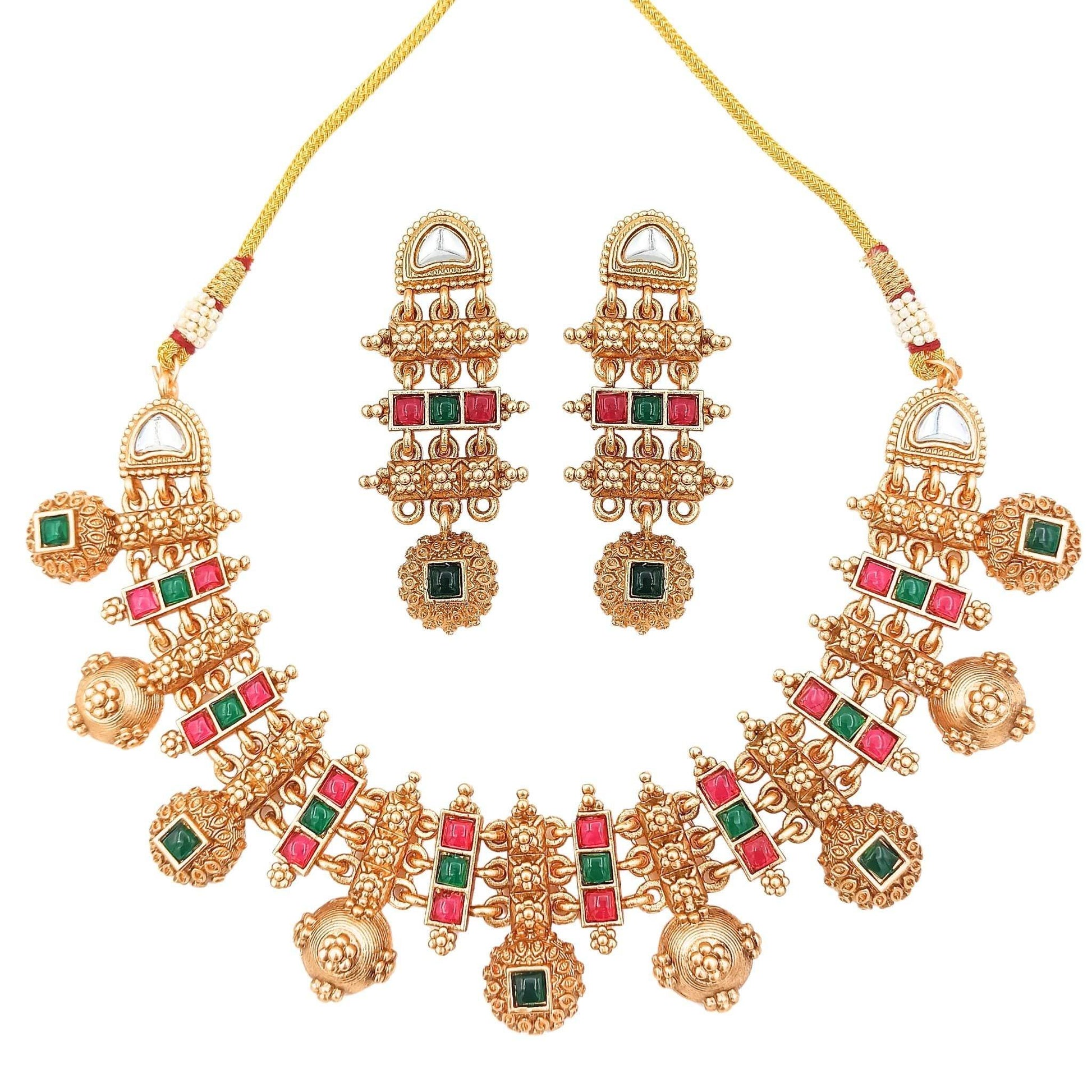 Rajwadi Hasadi Meenakari Necklace Set | Ethnic Bridal Jewelry | Antique Gold Finish | Traditional Indian Festive Set. - Nandai Jewels