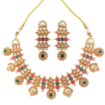 Rajwadi Hasadi Meenakari Necklace Set | Ethnic Bridal Jewelry | Antique Gold Finish | Traditional Indian Festive Set. - Nandai Jewels