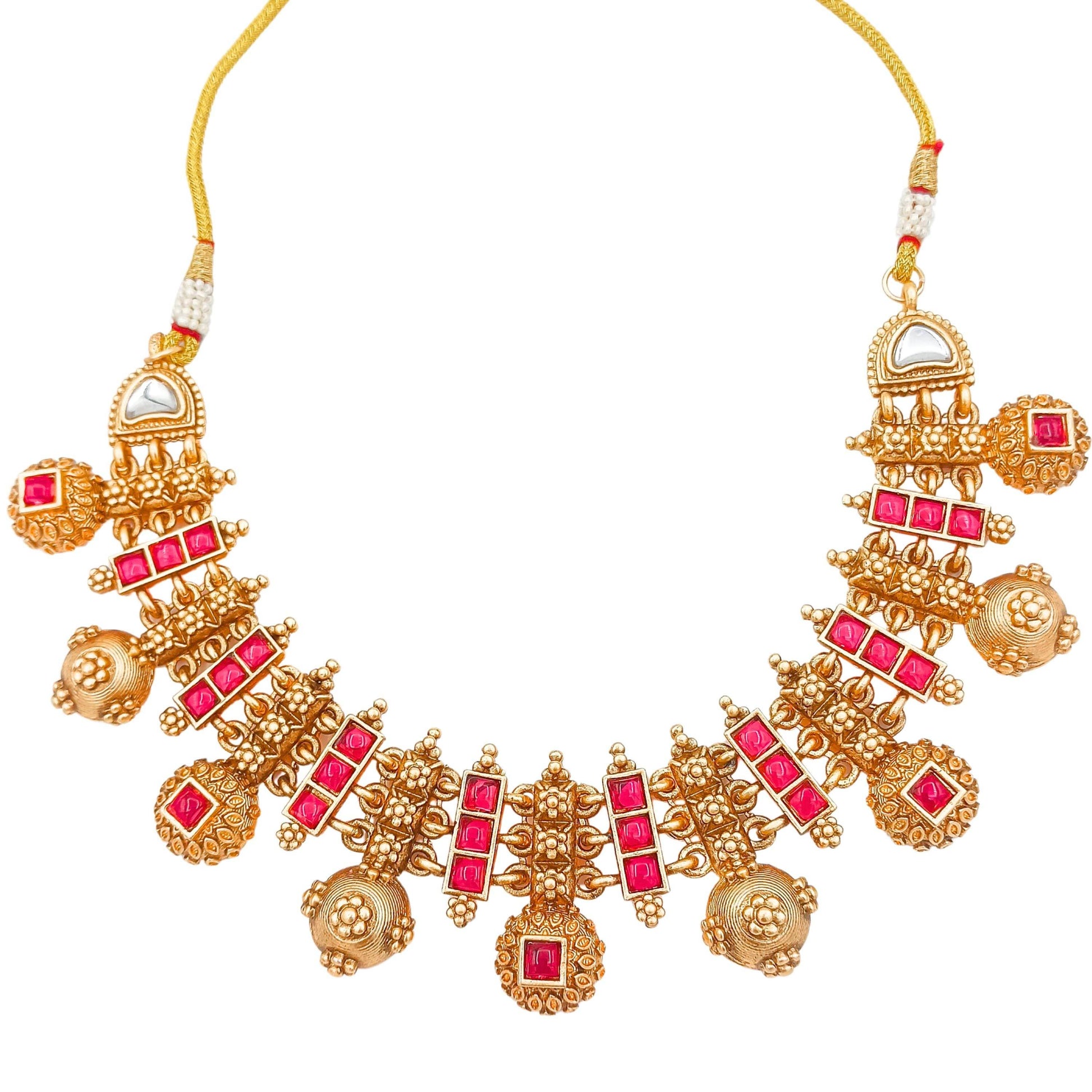 Rajwadi Hasadi Meenakari Necklace Set | Ethnic Bridal Jewelry | Antique Gold Finish | Traditional Indian Festive Set. - Nandai Jewels