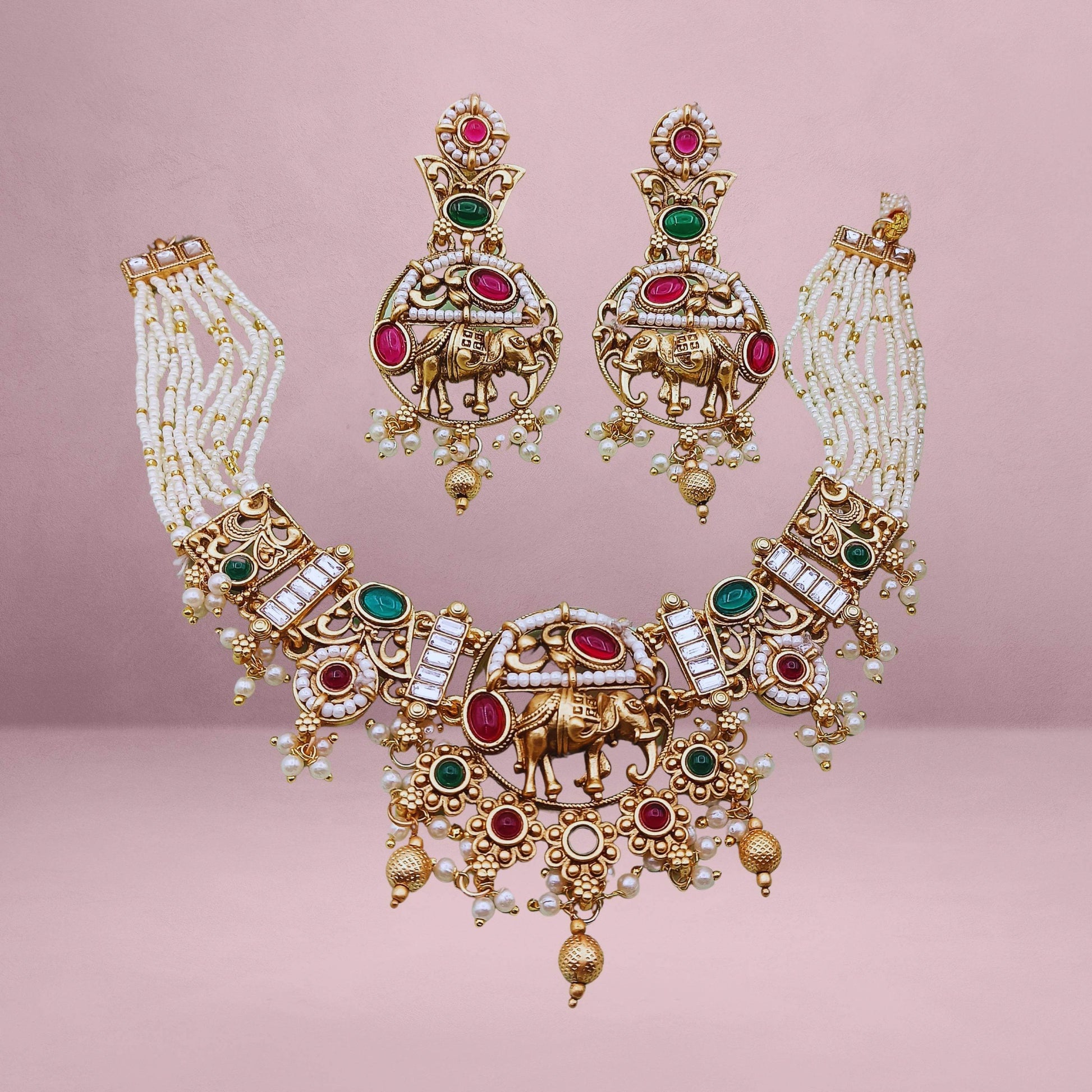COMBO Rajputi Elephant Design Necklace With Earrings - Rajwadi Necklace Set, Wedding Gift for Her, Indian Traditional Jewellery for Brides. - Nandai Jewels