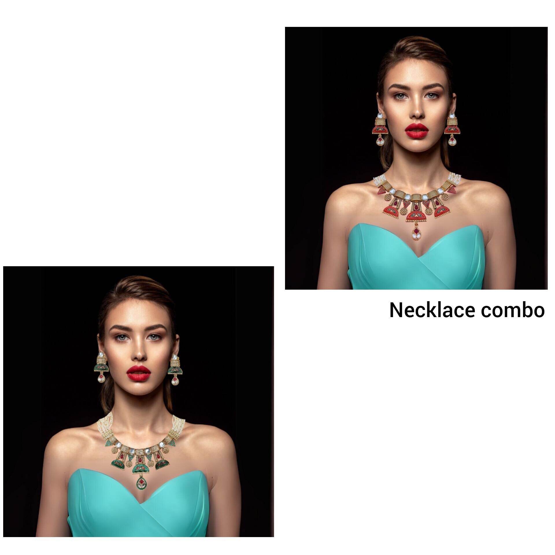 COMBO Ananya Rajwadi Kundan Necklace Set | Rajasthani Indian Traditional Jewellery,Festive Wear & Wedding | Pack of 2, Ahemdabadi Hasadi Set - Nandai Jewels